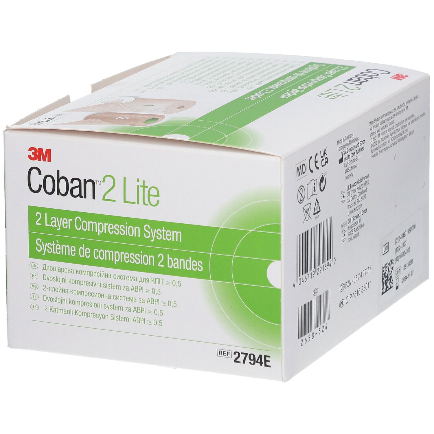 3M Coban 2 Lite, système de compression à 2 couches. Emballage blanc avec nom du produit et accents verts. Vue de face.