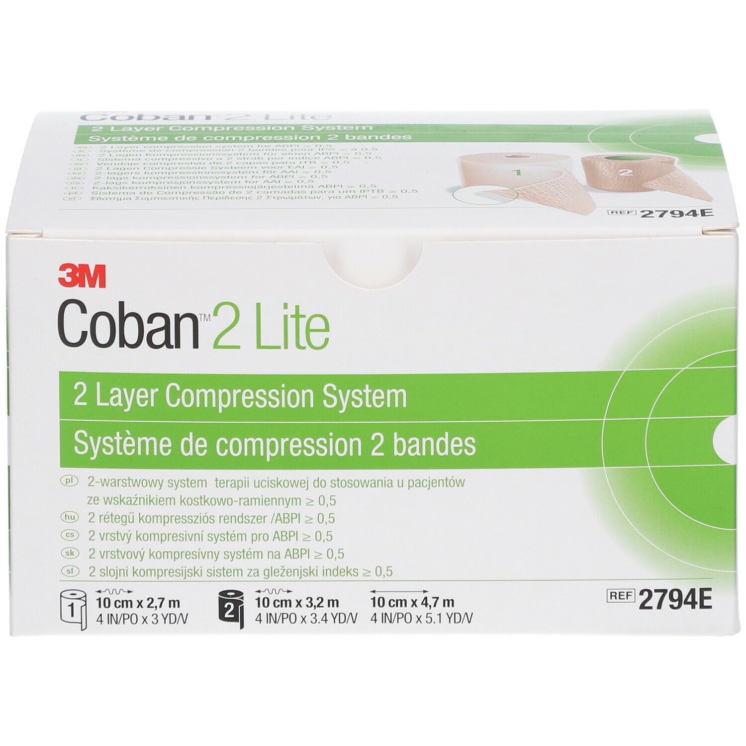 3M Coban 2 Lite, système de compression à 2 couches. Emballage blanc avec nom du produit et accents verts. Tailles: 10cm x 2,7m, 10cm x 3,2m, 10cm x 4,7m.