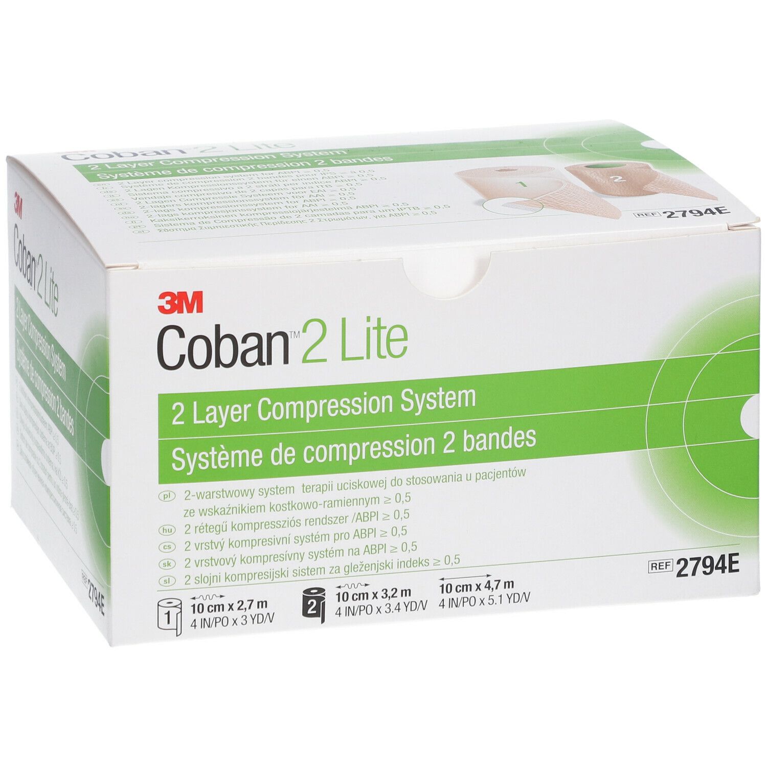 3M Coban 2 Lite, système de compression à 2 couches. Emballage blanc avec nom du produit et accents verts. Tailles: 10cm x 2,7m, 10cm x 3,2m, 10cm x 4,7m.