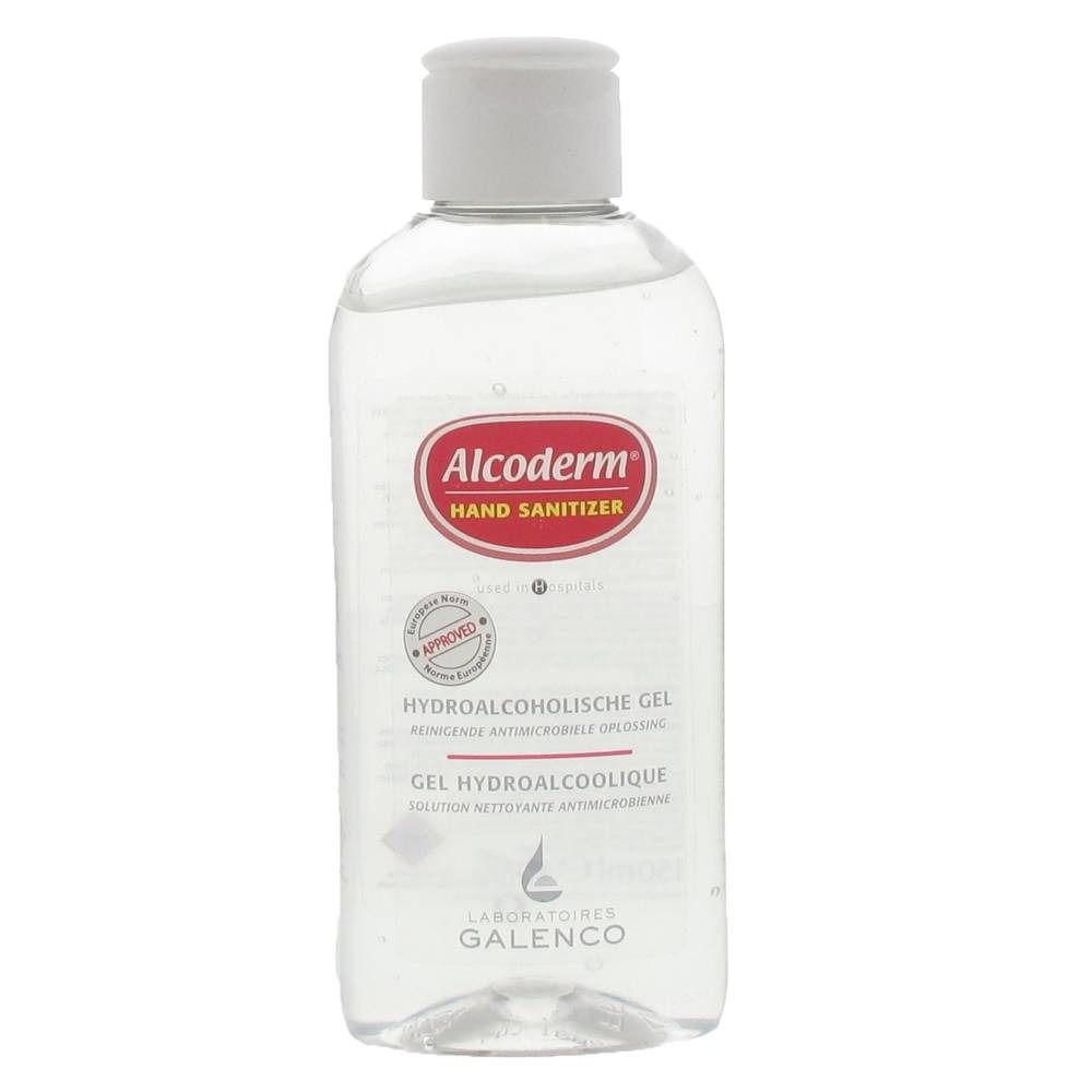 Flacon transparent avec bouchon blanc. L'étiquette indique "Alcoderm Hand Sanitizer". Texte multilingue en dessous.