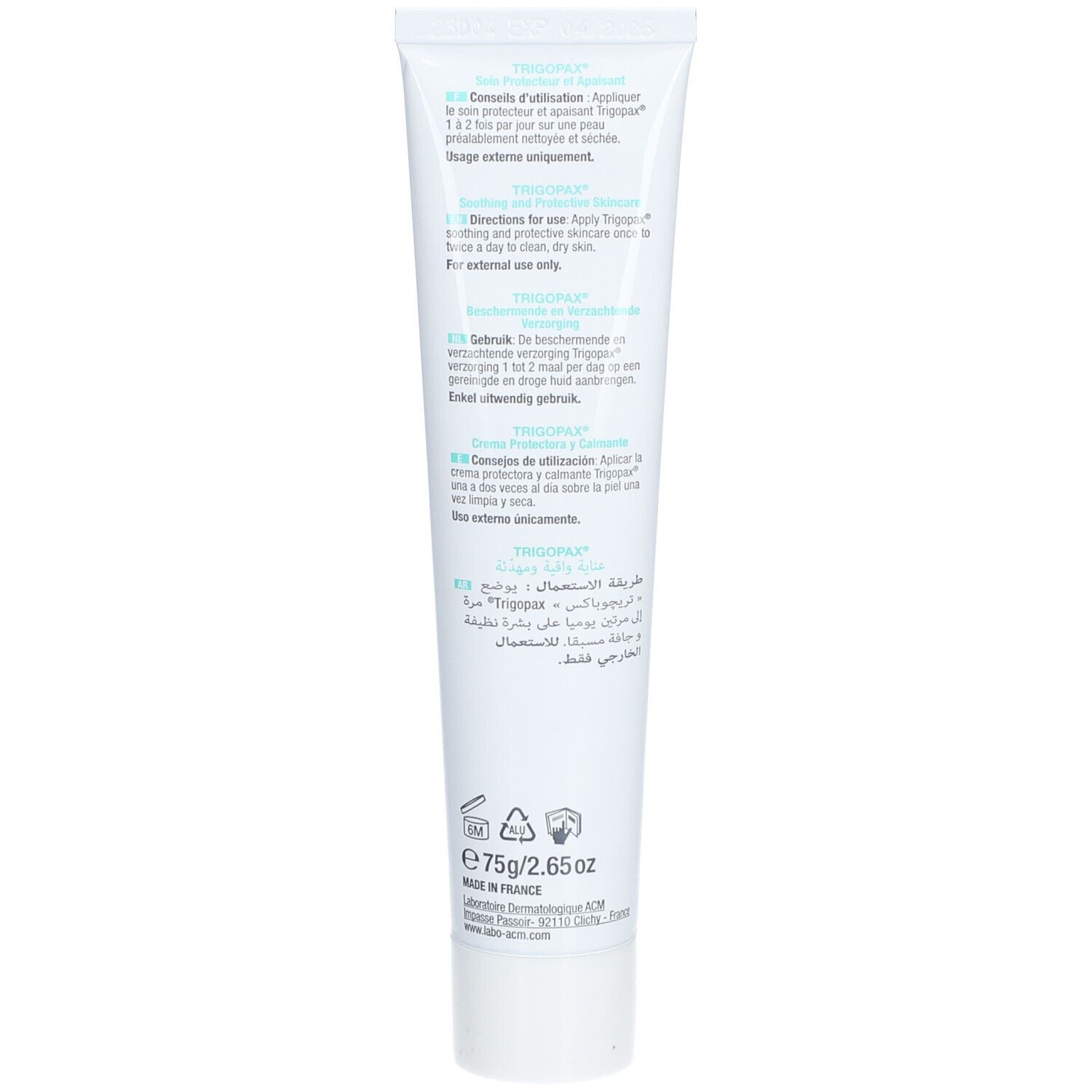 Achterkant van de crèmetube. Tekst: Gebruiksaanwijzing, ingrediënten, fabrikantinformatie. Volume: 75g/2.65oz.