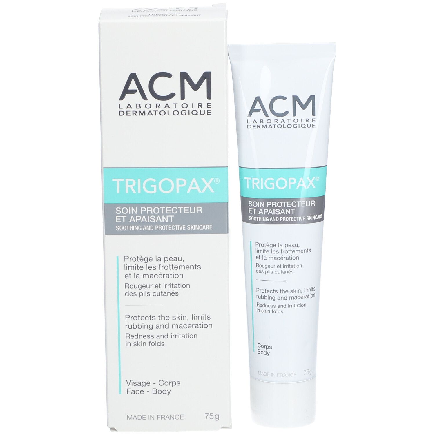 Productverpakking en tube. Verpakking met productnaam en logo. Tube met productnaam en logo.