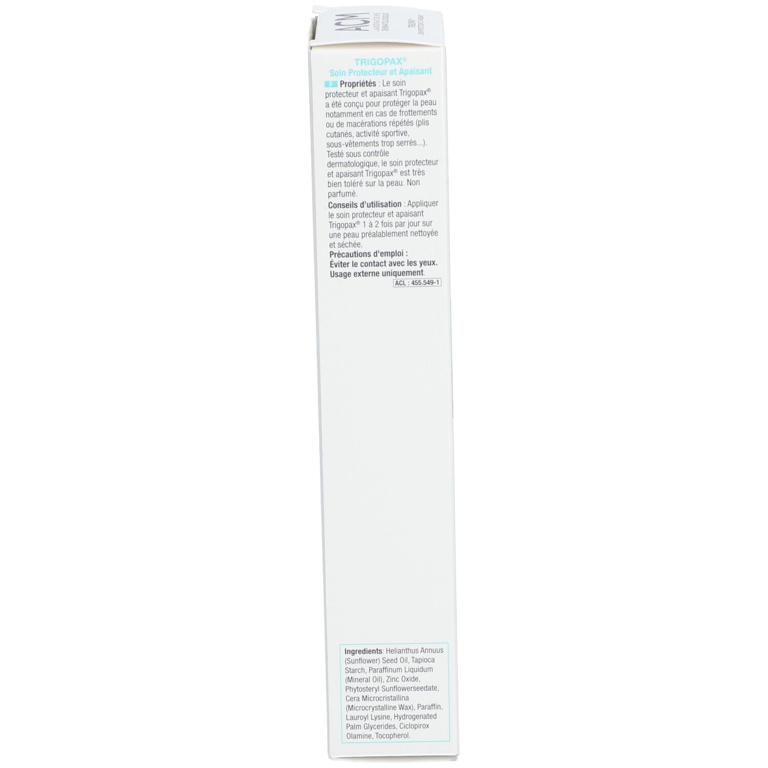 Zijkant van de productverpakking. Tekst: Gebruiksaanwijzing, ingrediënten. Merk: ACM Laboratoire Dermatologique. Volume: 75g.