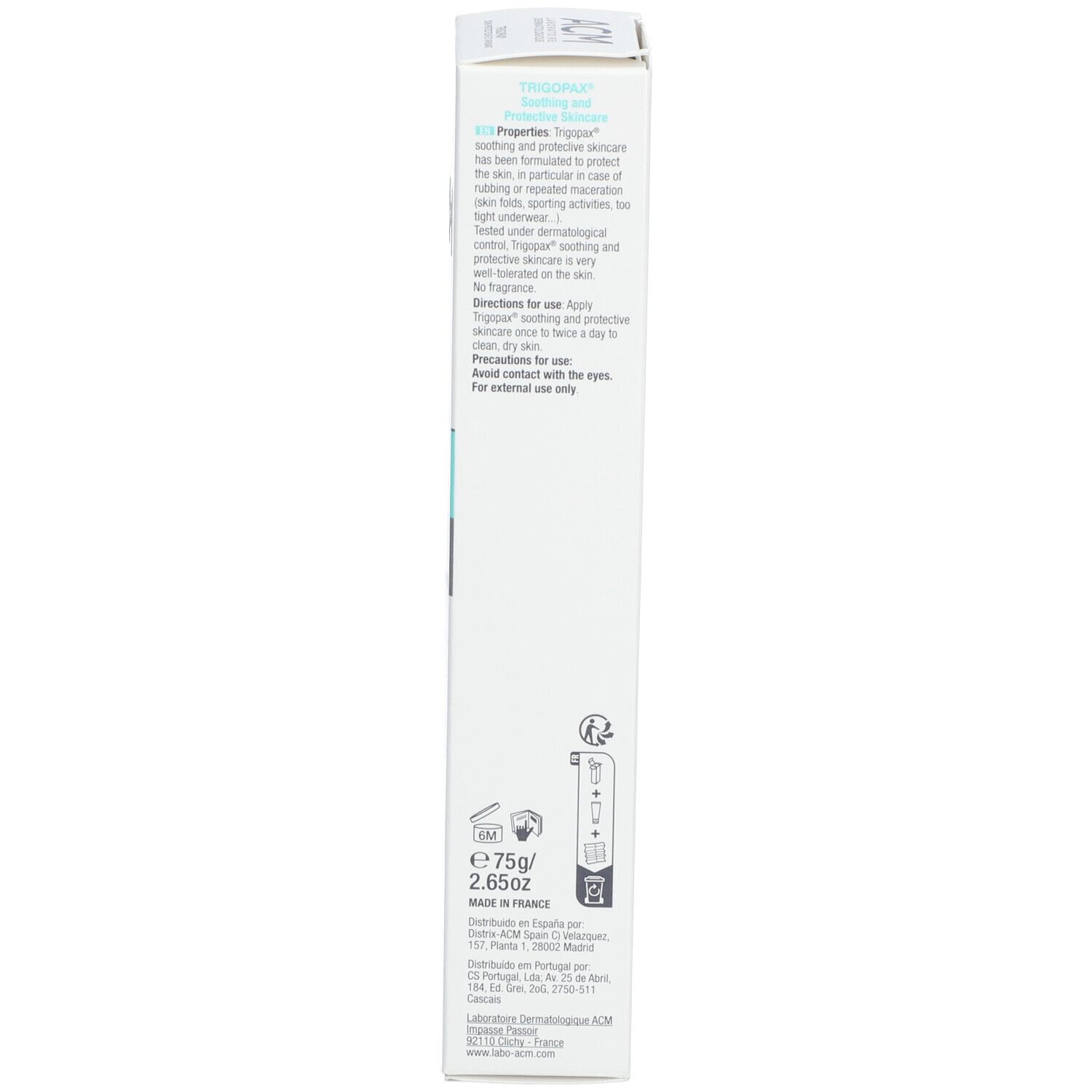 Zijkant van de productverpakking. Tekst: Eigenschappen, gebruiksaanwijzing. Merk: ACM Laboratoire Dermatologique. Volume: 75g/2.65oz.