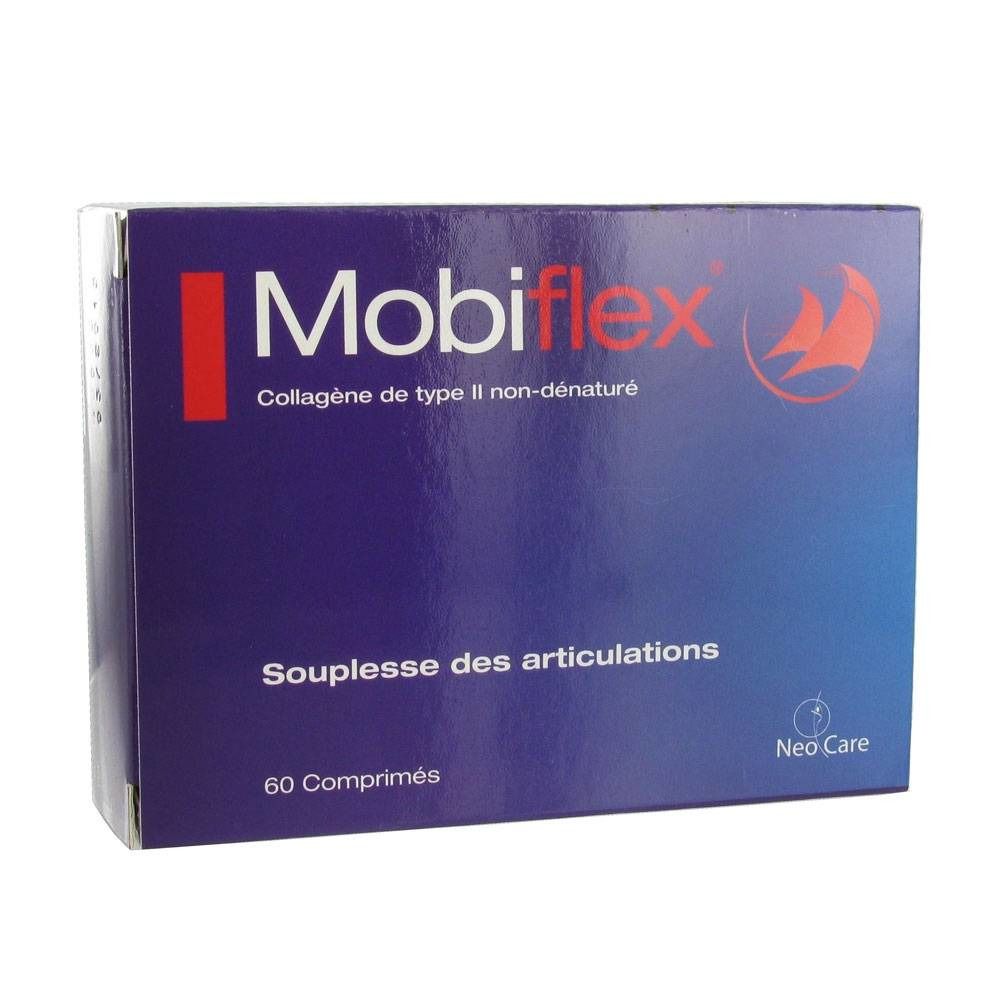 Blauwe en witte doos "Mobiflex". Bevat 60 tabletten. Tekst: "Souplesse des articulations". Merk: Neo Care.