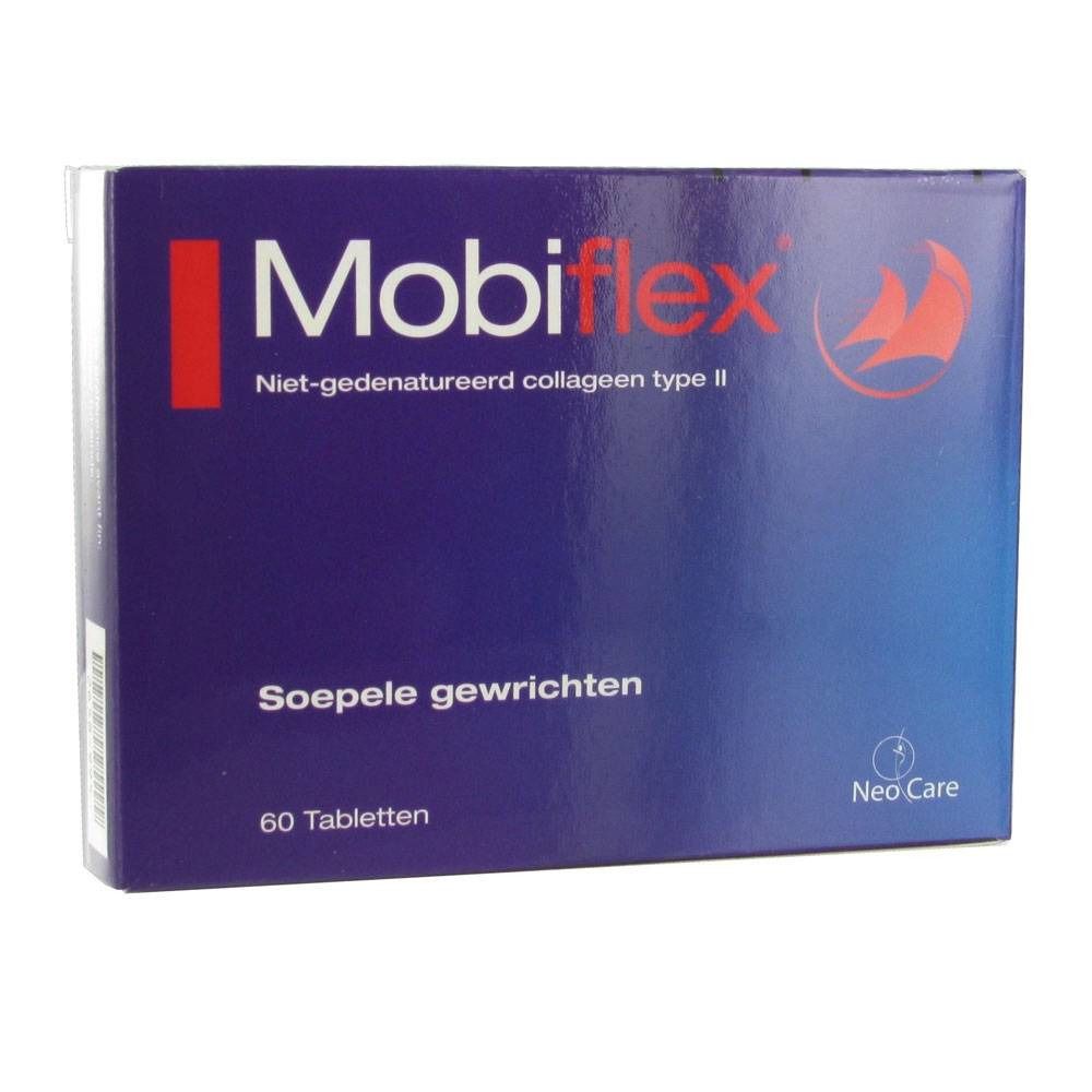 Blauwe en witte doos "Mobiflex". Bevat 60 tabletten. Tekst: "Soepele gewrichten". Merk: Neo Care.