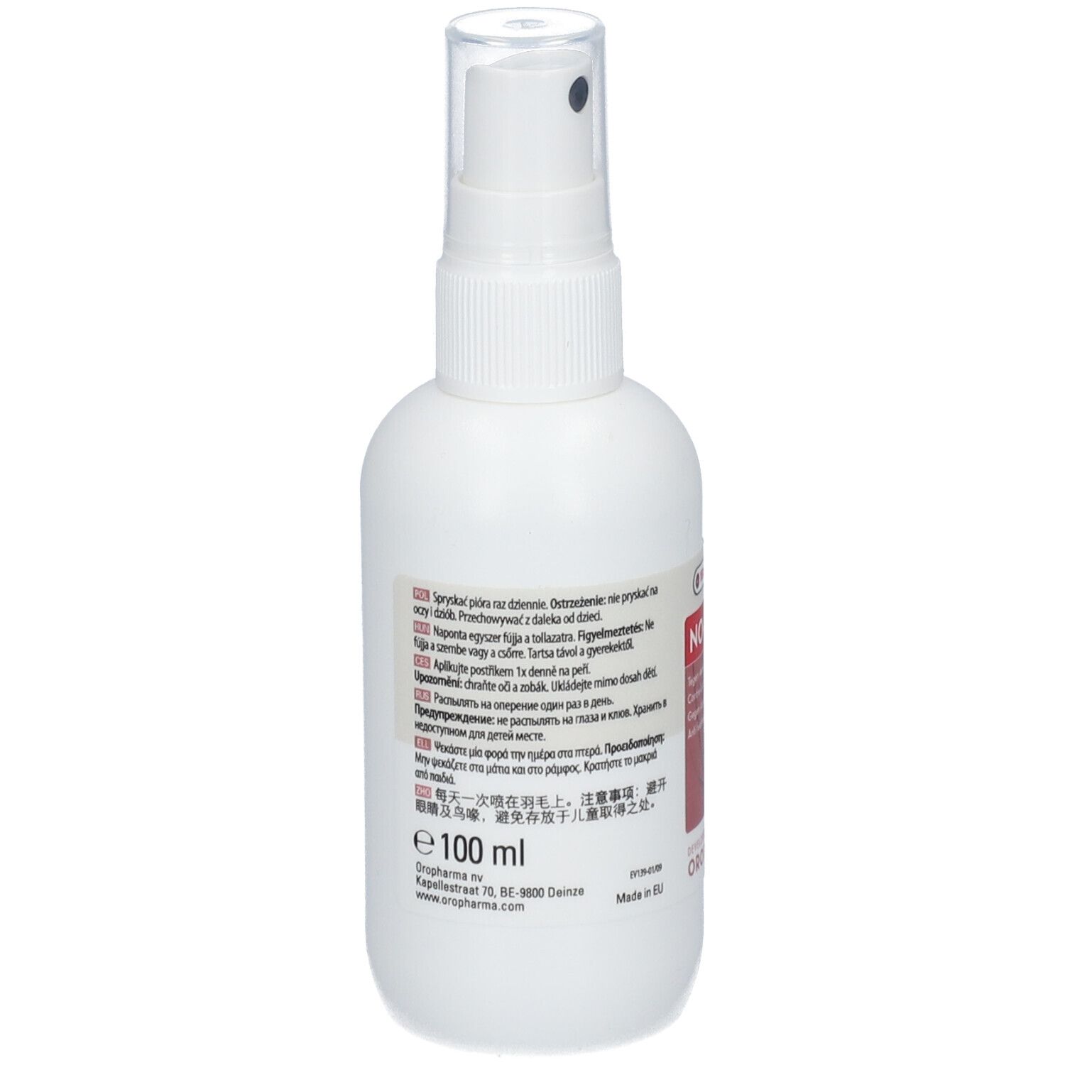 Weiße Sprühflasche mit schwarzem Sprühkopf. Etikett mit Produktinformationen und Text. 100 ml.