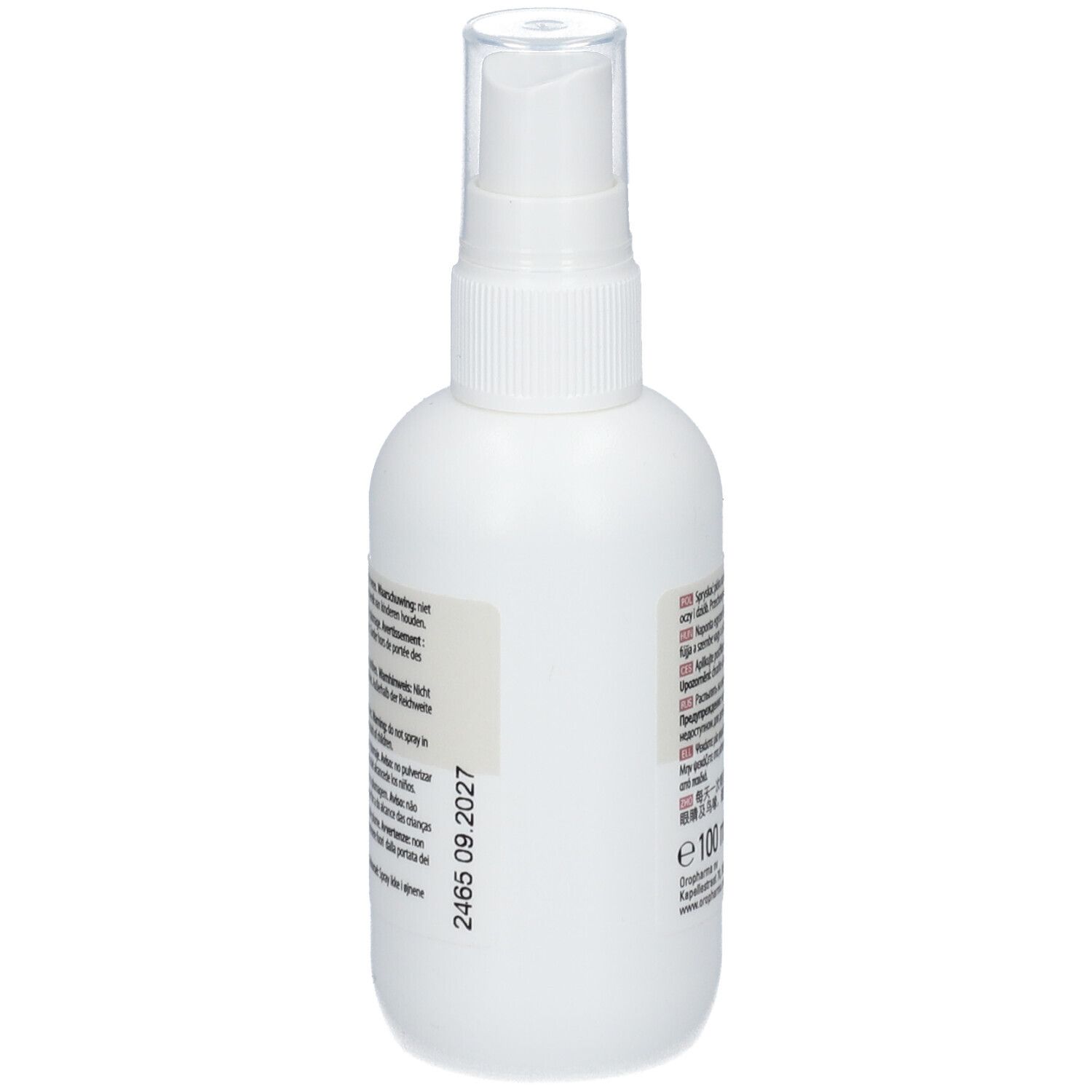 Weiße Sprühflasche mit schwarzem Sprühkopf. Etikett mit Produktinformationen und Text. Haltbarkeit.
