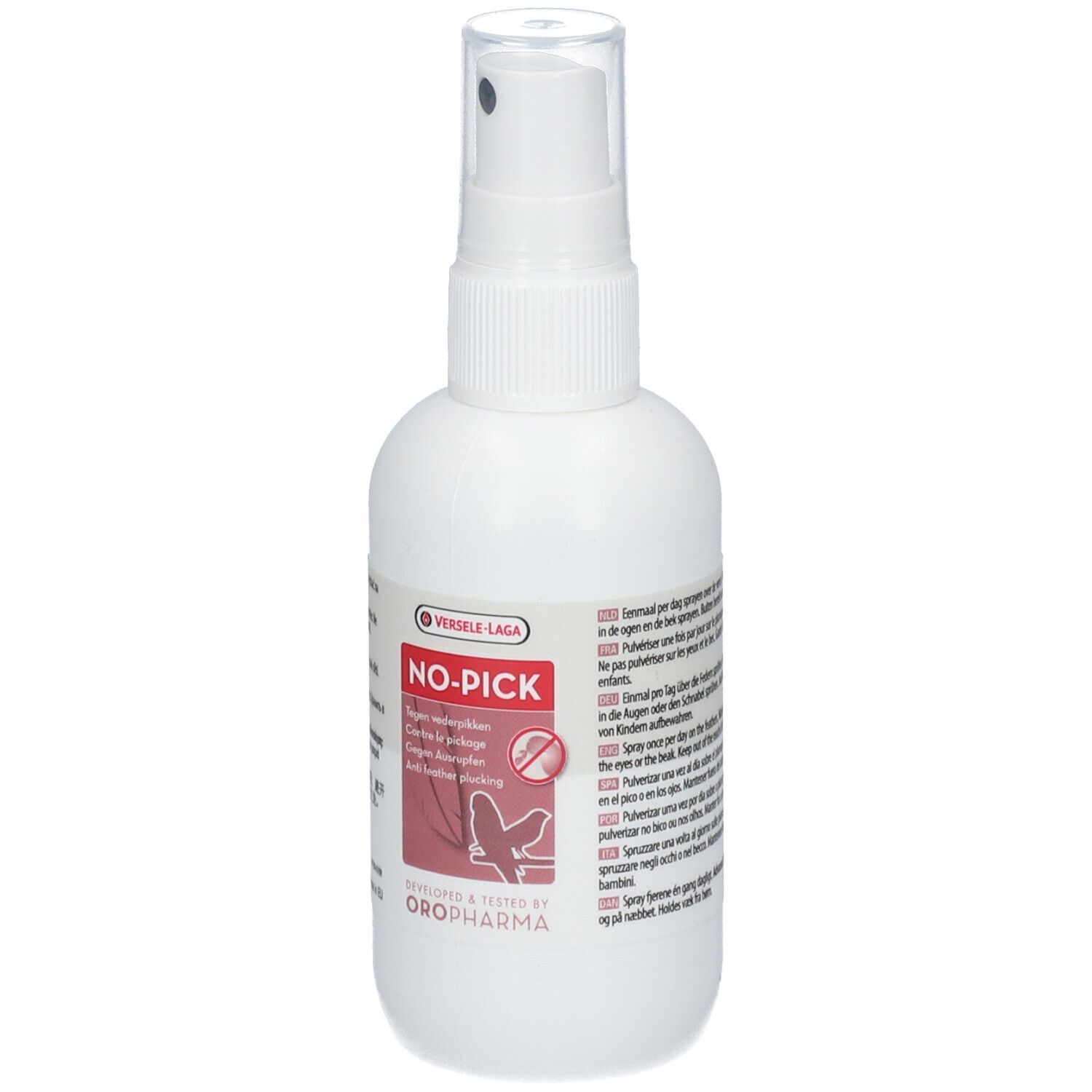 Weiße Sprühflasche mit schwarzem Sprühkopf. Etikett mit Produktnamen und Logo. Oropharma-Logo.