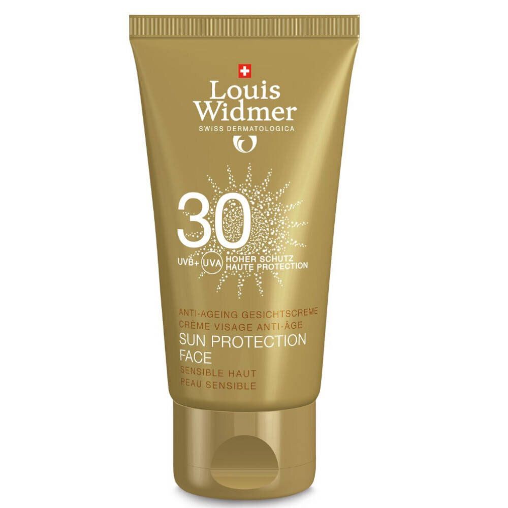 Goldfarbene Tube mit Louis Widmer Logo, 30, Sun Protection Face. Für sensible Haut. Hoher Schutz.