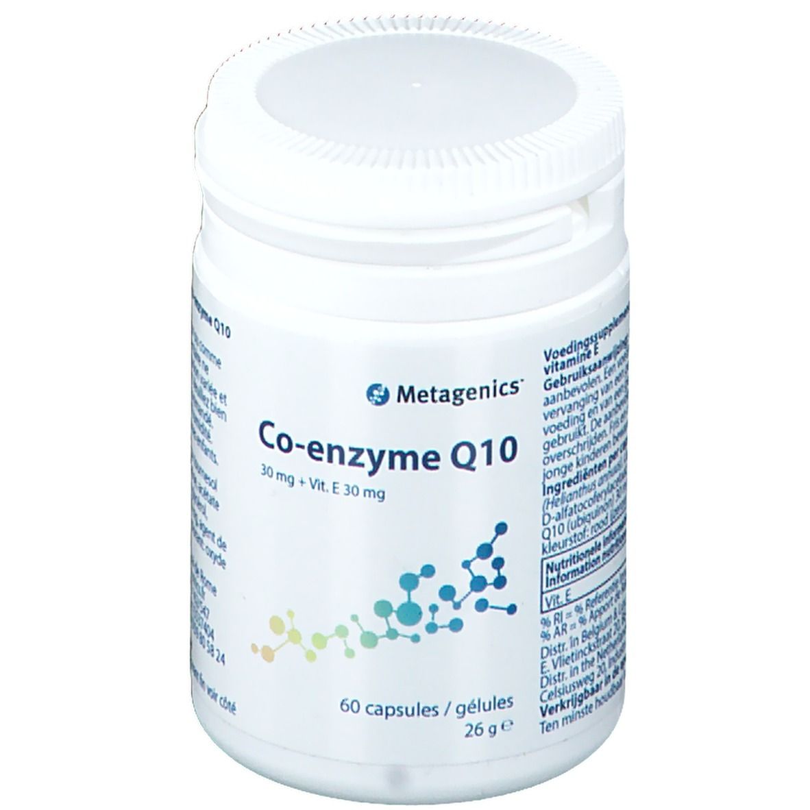 Boîte blanche avec bouchon à vis. Inscription: Co-enzyme Q10, 30 mg + Vit. E 30 mg. 60 gélules. Marque: Metagenics.