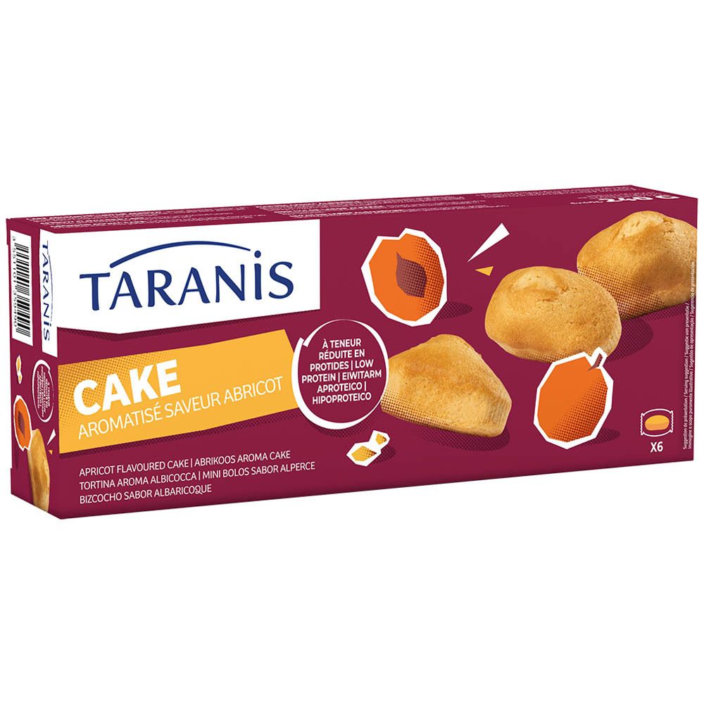 Kuchenverpackung. Aufdruck: Taranis Cake, Aprikosengeschmack. Kuchenabbildung. 240g.