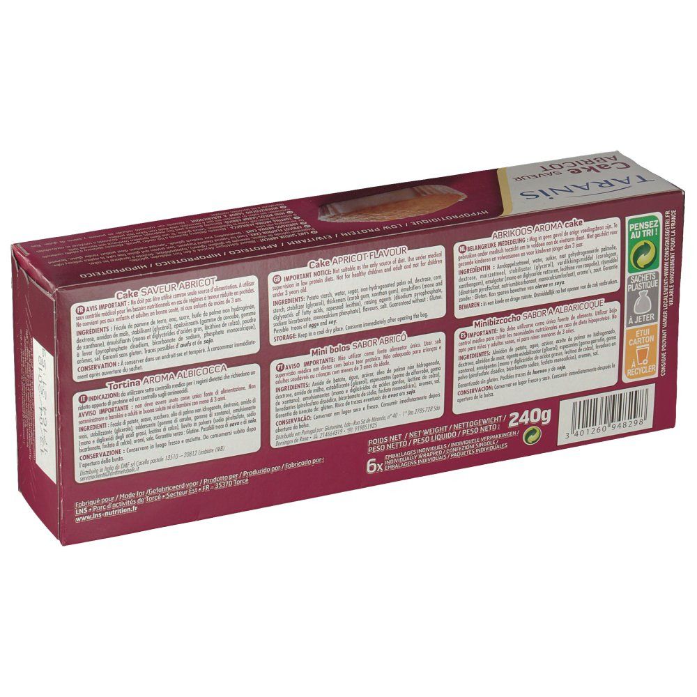 Rückseite der Kuchenverpackung. Text in mehreren Sprachen. Angaben zu Inhaltsstoffen und Nährwerten. 240g.