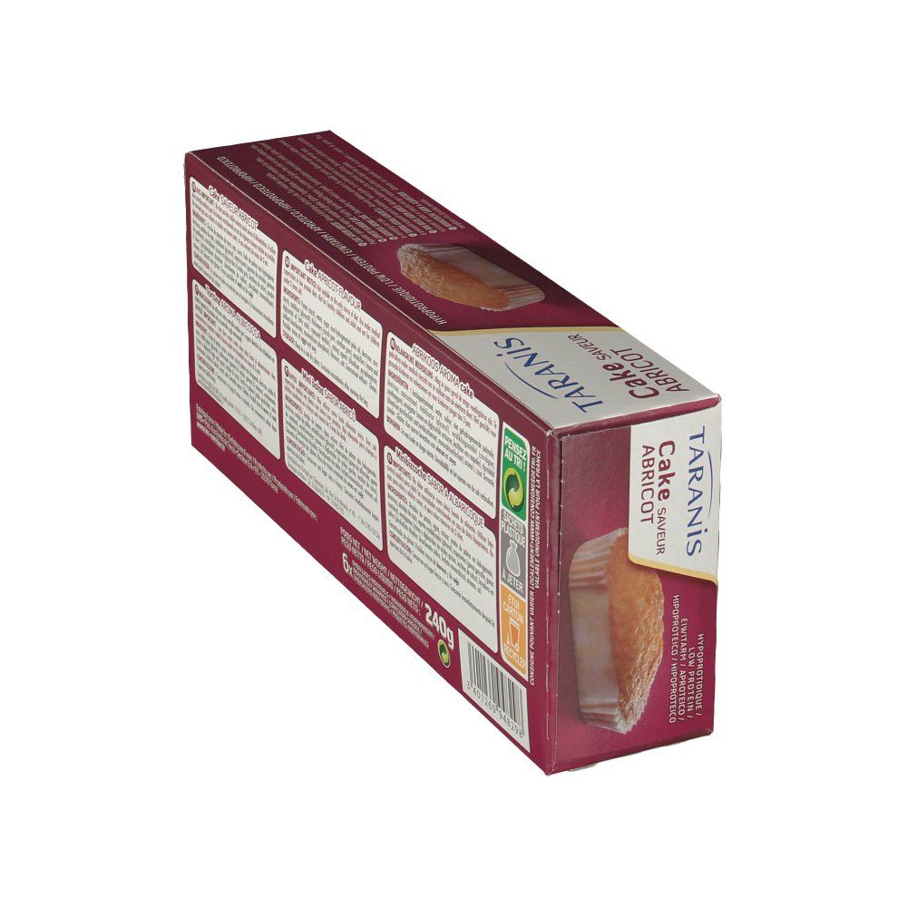 Kuchenverpackung. Aufdruck: Taranis Cake, Aprikosengeschmack. Rückseite mit Text. 240g.