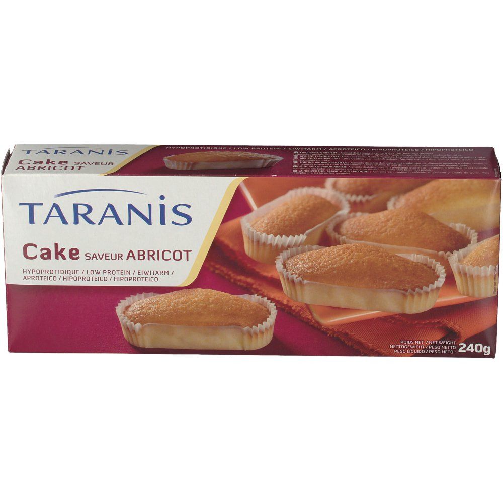 Kuchenverpackung. Aufdruck: Taranis Cake, Aprikosengeschmack. Kuchenabbildung. 240g.
