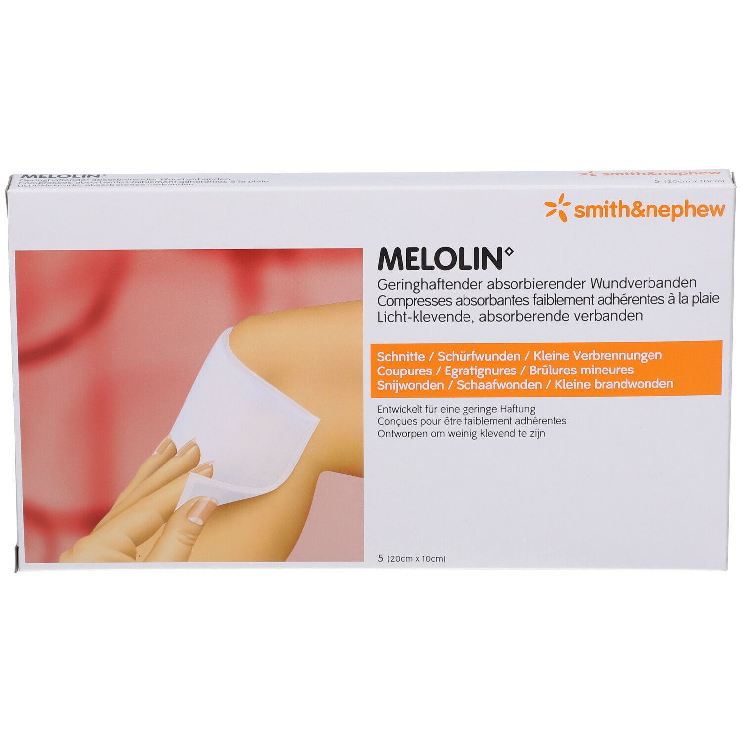 Boîte de compresses Melolin. Inscription : pansement absorbant peu adhérent. Illustration : application sur une jambe.
