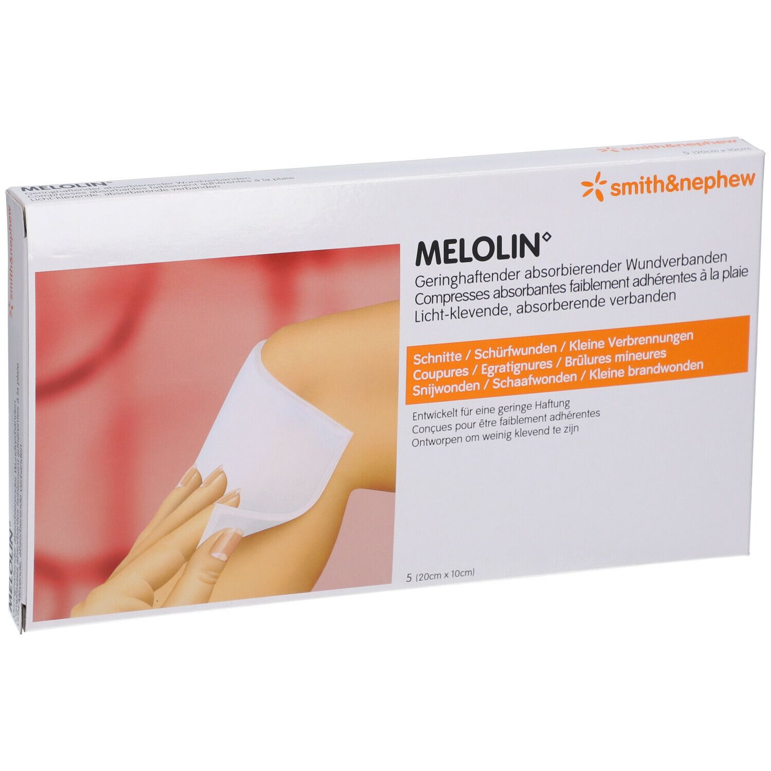 Boîte de compresses Melolin. Inscription : pansement absorbant peu adhérent. Illustration : application sur une jambe.