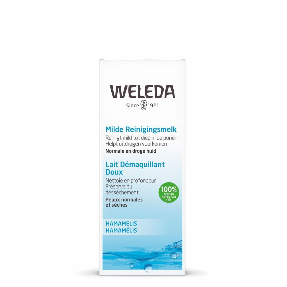 Weleda-Verpackung. Weißer Karton mit Produktinformationen und Logo. Text in Deutsch, Niederländisch und Französisch. Hamamelis-Extrakt.