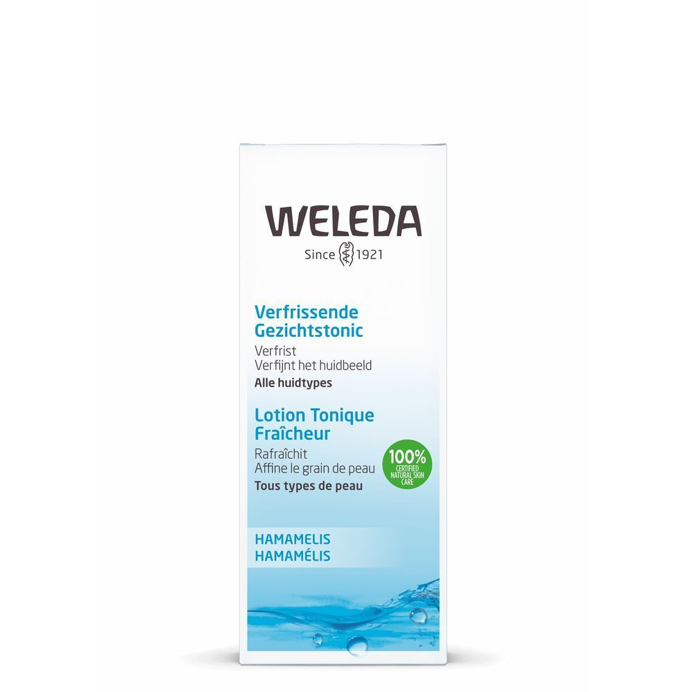 Weiße Verpackung mit Aufschrift: WELEDA, Lotion Tonique Fraîcheur, Hamamelis. Grünes Logo: 100% zertifizierte Naturkosmetik.