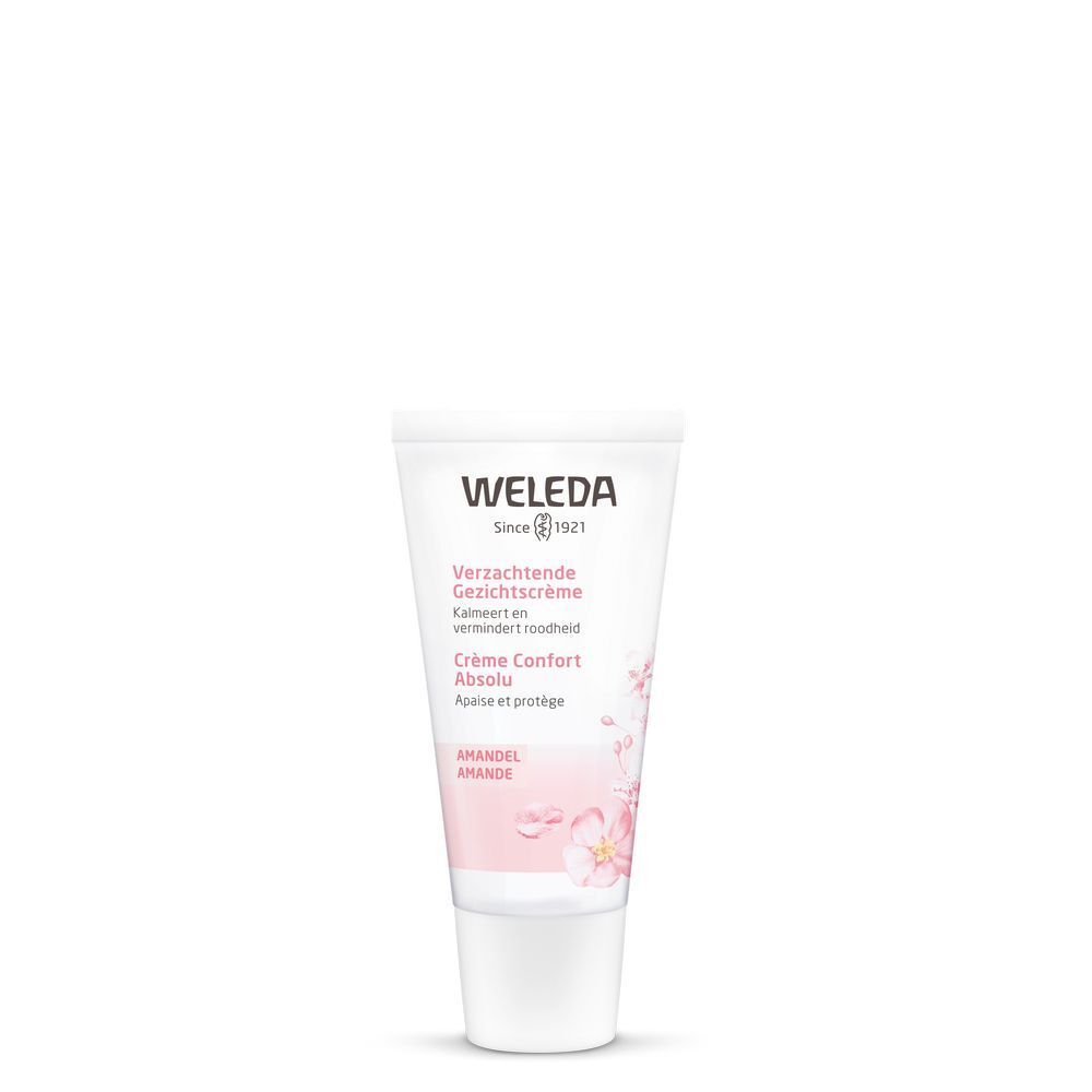Tube Weleda Crème Confort Absolu à l'Amande. Décor floral rose. Texte sur le produit.