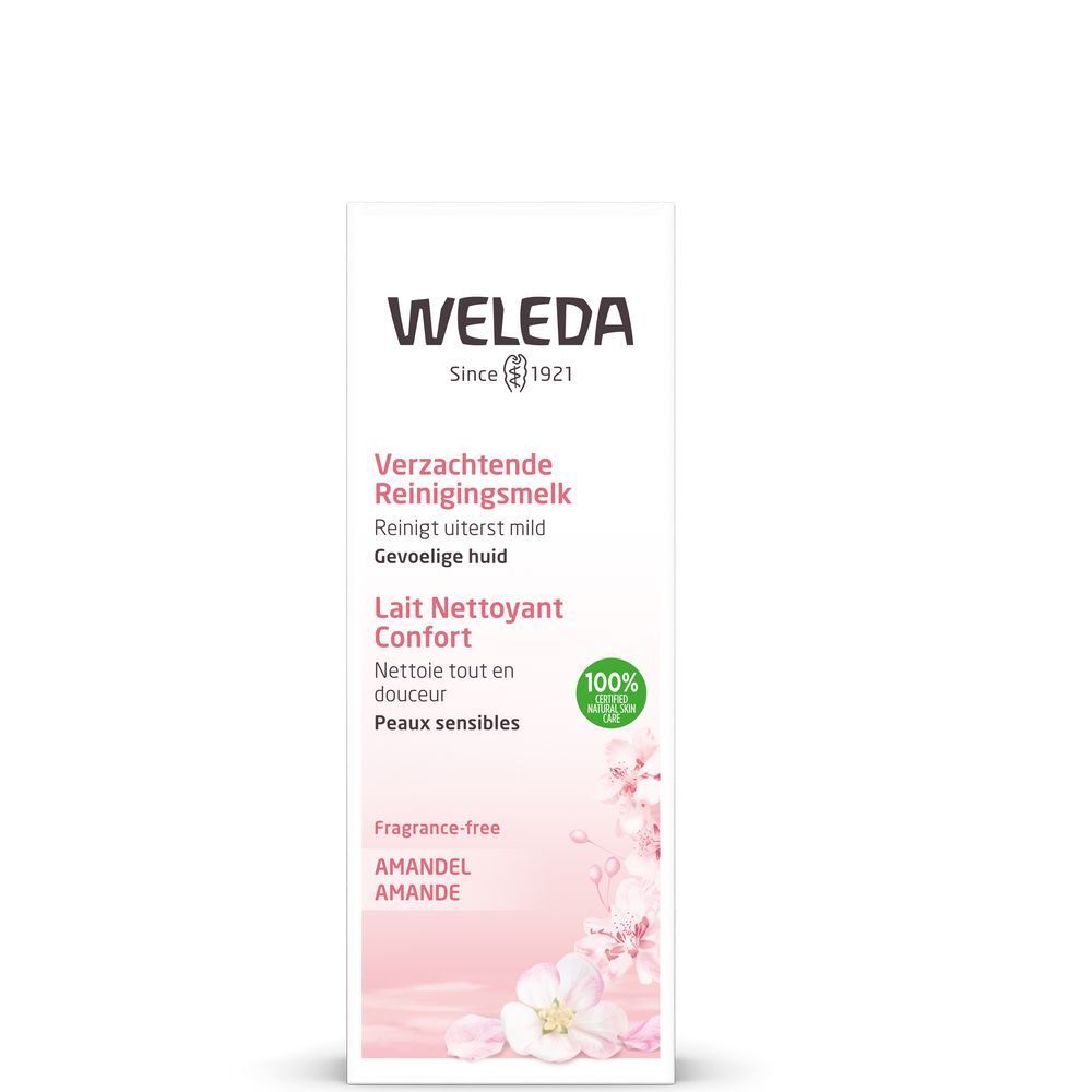 Emballage Weleda, rose et blanc, avec nom du produit et illustration florale. Texte : 'Verzachtende Reinigingsmelk', 'Lait Nettoyant Confort'. 100% naturel.