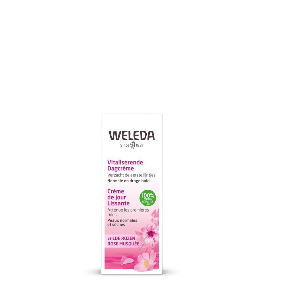 Weleda Crème de Jour Lissante Verpackung. Text: Vitalisierende Dagcrème, Crème de Jour Lissante, Wilde Rozen. Logo Weleda.
