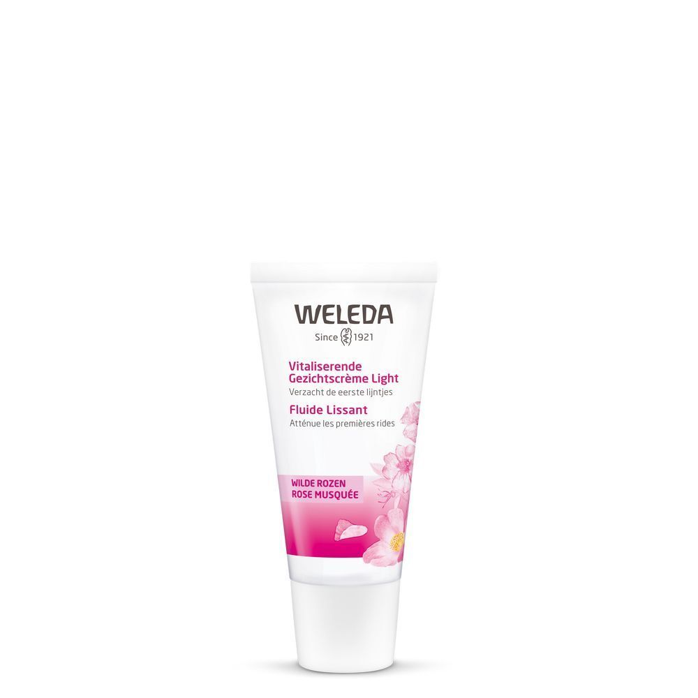 Weleda Tube mit Text: Vitalisierende Gesichtscrème Light, Fluide Lissant. Rosa Mosqueta.