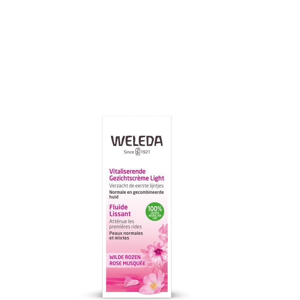 Weleda-Verpackung mit Text: Vitalisierende Gesichtscrème Light, Fluide Lissant. 100% natürliche Pflege.