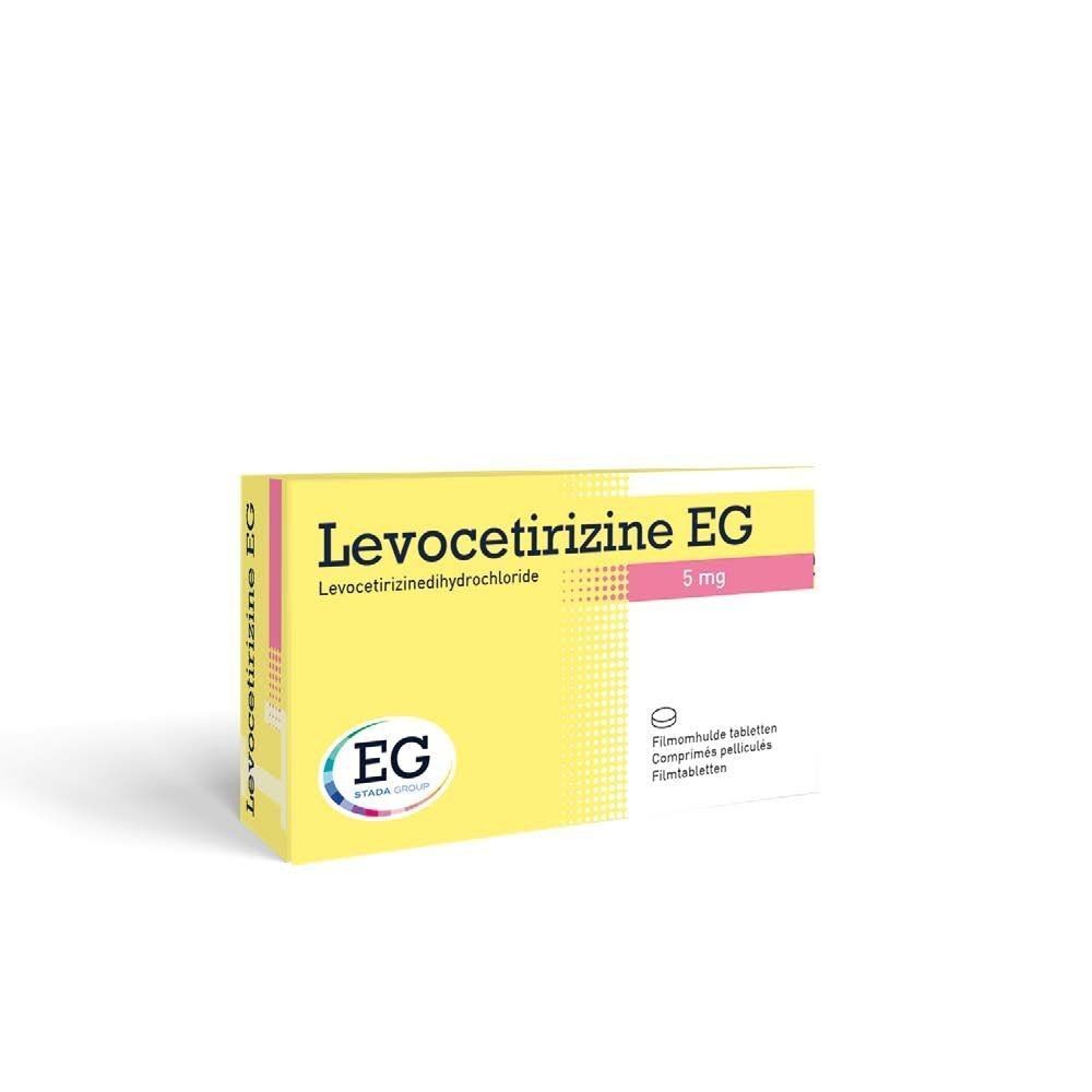 Boîte jaune "Levocetirizine EG 5 mg". 20 comprimés. Logo EG.
