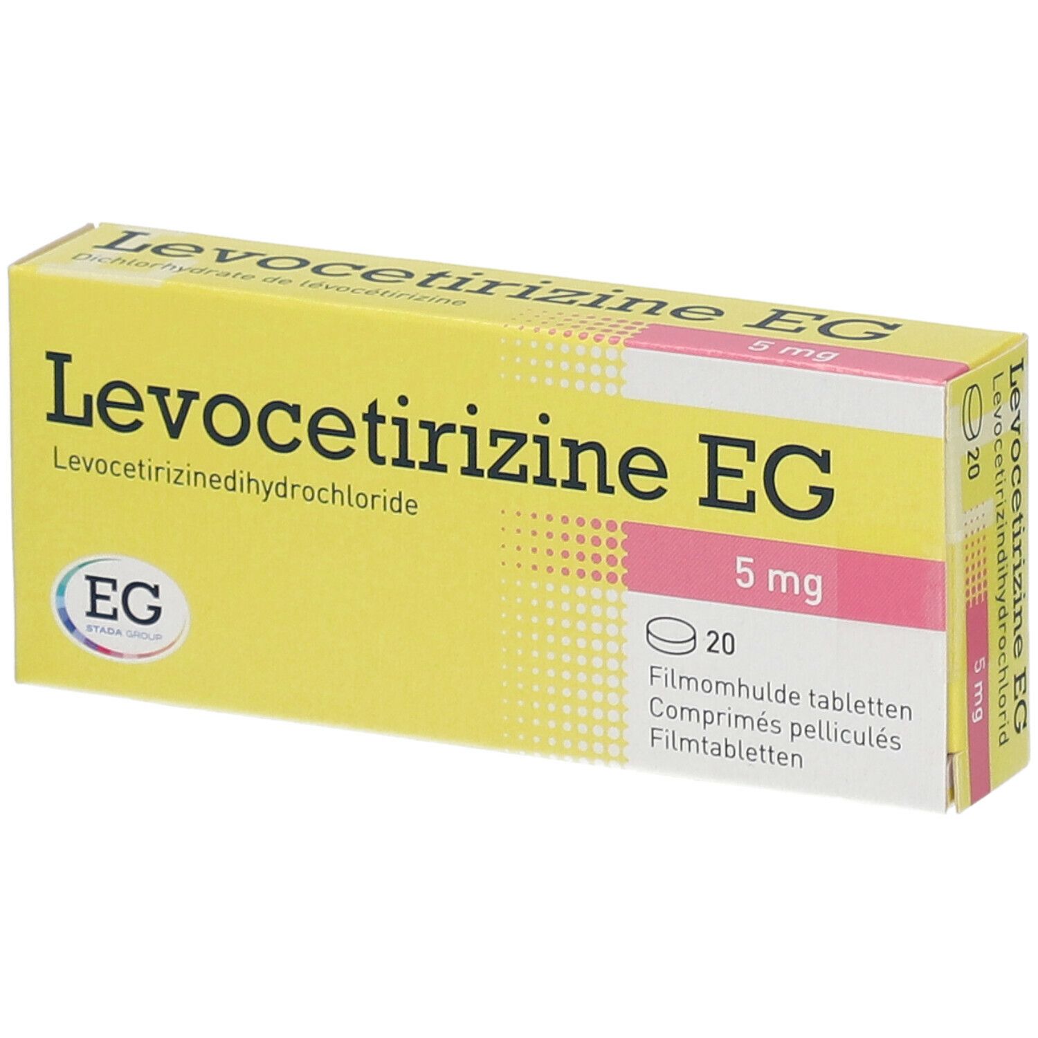 Boîte jaune "Levocetirizine EG 5 mg". 20 comprimés. Logo EG.