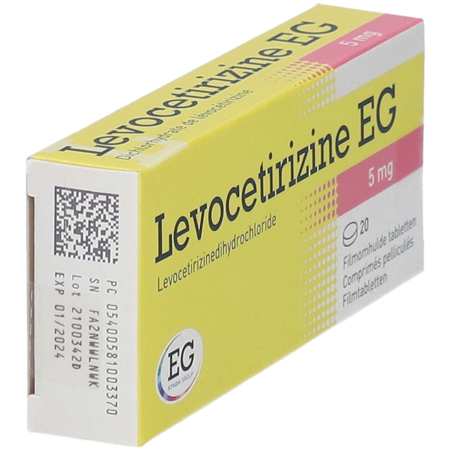 Boîte jaune "Levocetirizine EG 5 mg". Texte, logo EG, code-barres.