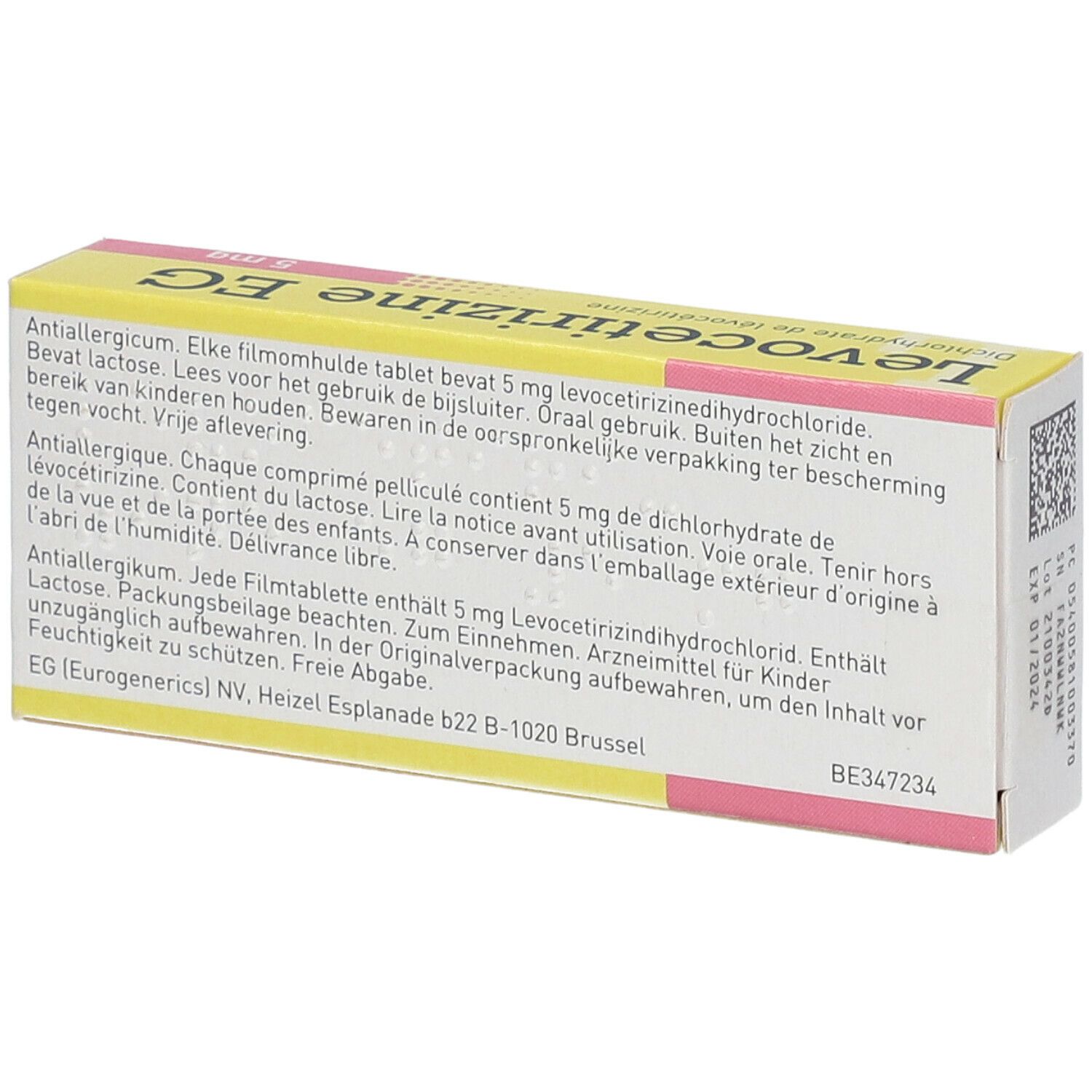 Dos de la boîte "Levocetirizine EG 5 mg". Texte multilingue.