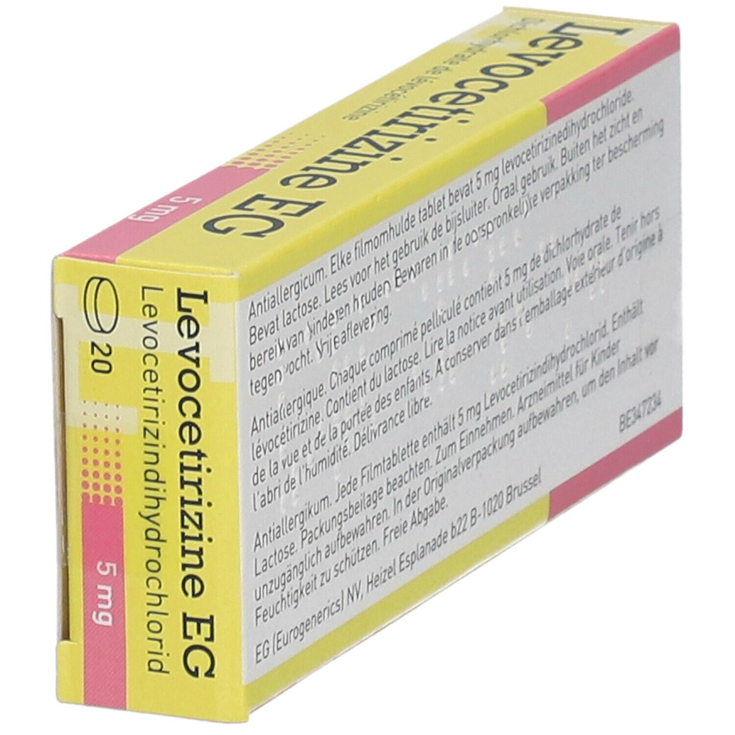 Dos de la boîte "Levocetirizine EG 5 mg". Texte multilingue.