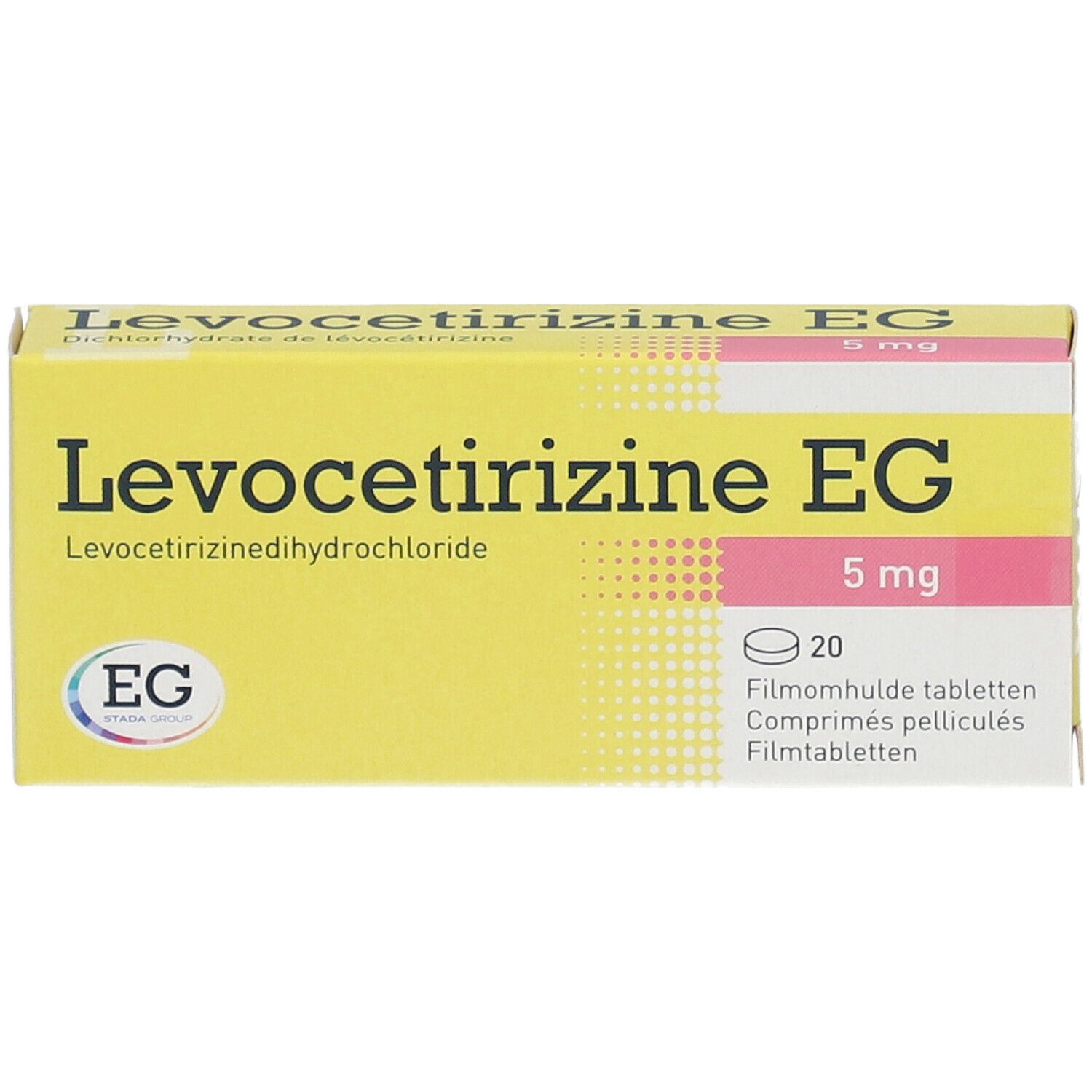 Boîte jaune "Levocetirizine EG 5 mg". 20 comprimés. Logo EG.