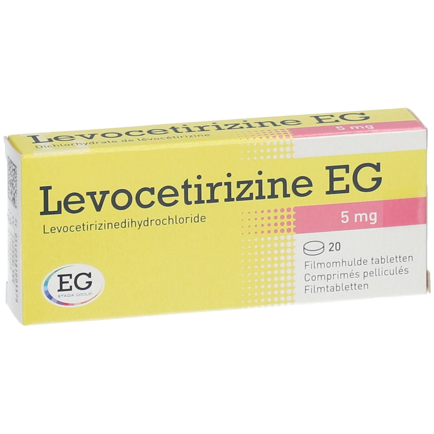 Boîte jaune "Levocetirizine EG 5 mg". 20 comprimés. Logo EG.