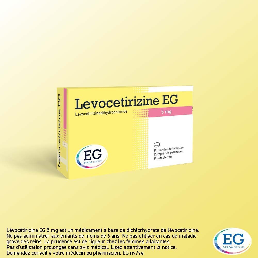 Boîte jaune "Levocetirizine EG 5 mg". Texte, logo EG.