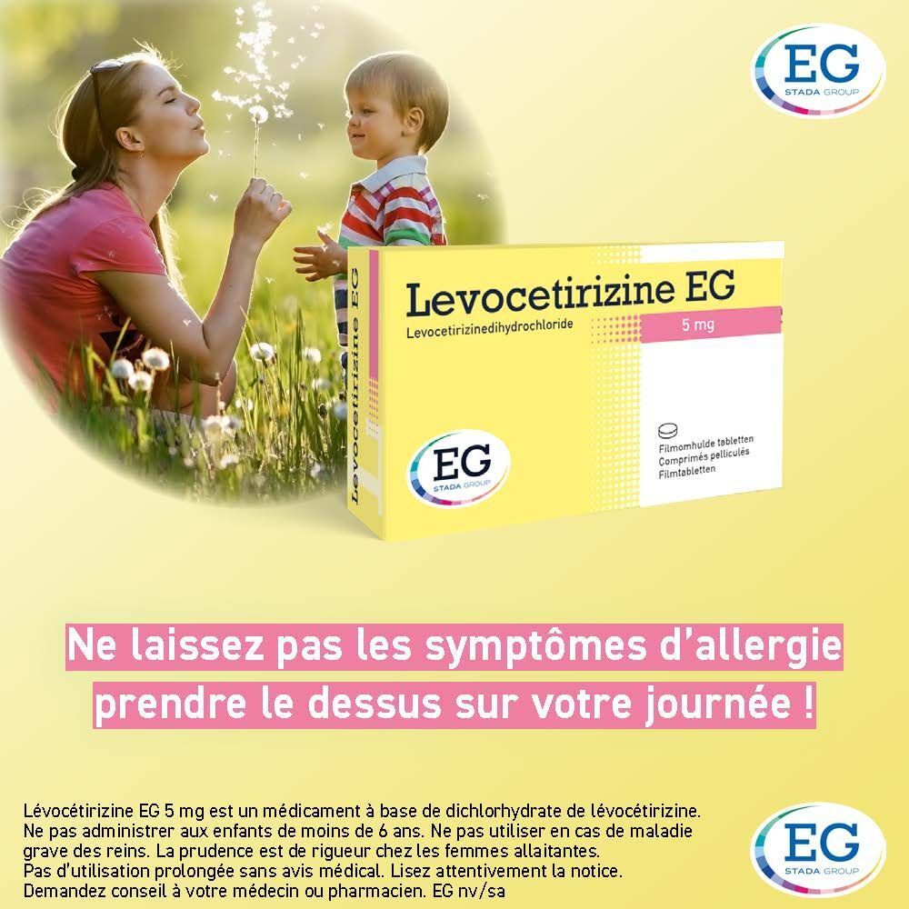 Femme et enfant soufflant sur un pissenlit. Boîte "Levocetirizine EG 5 mg".