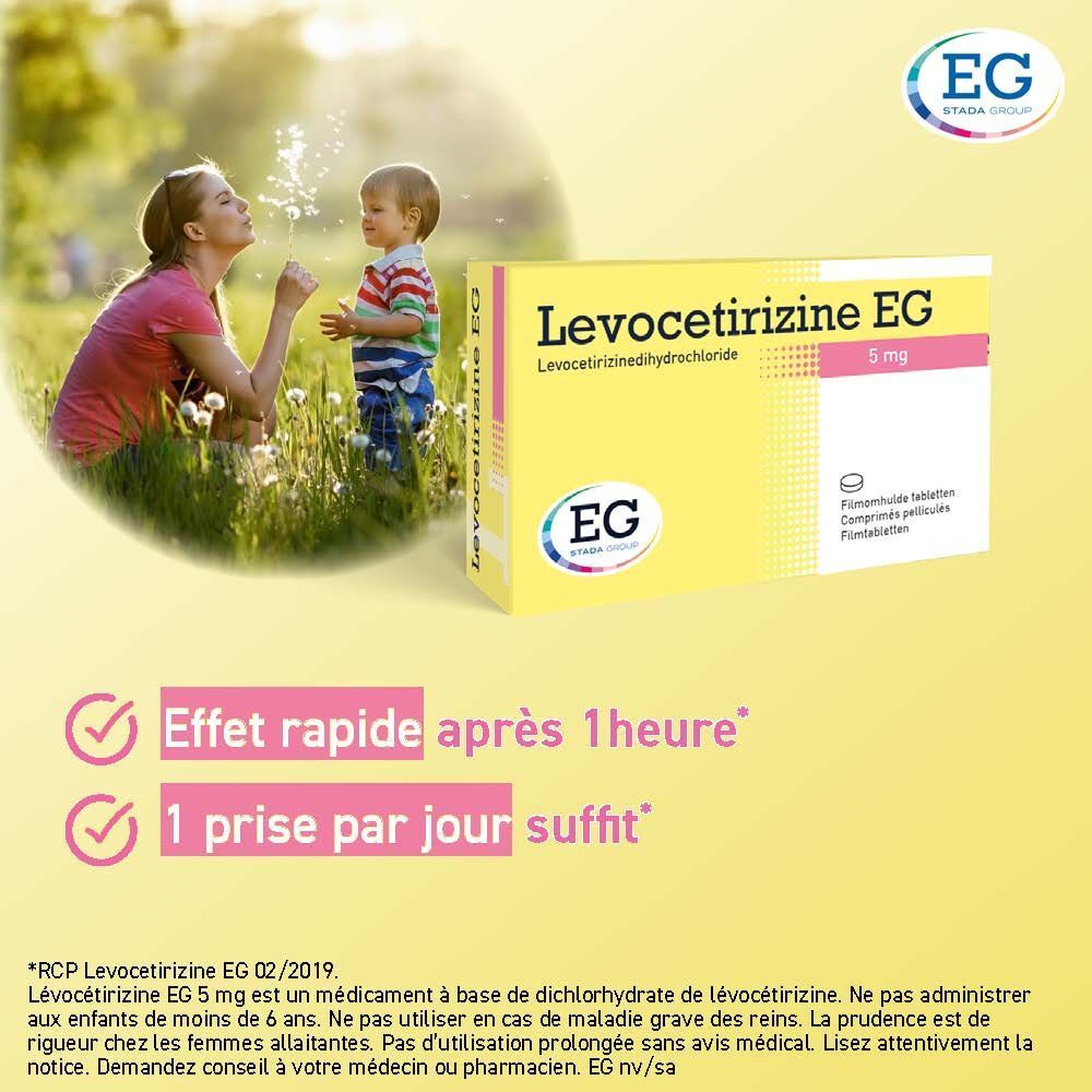 Femme et enfant soufflant sur un pissenlit. Boîte "Levocetirizine EG 5 mg".