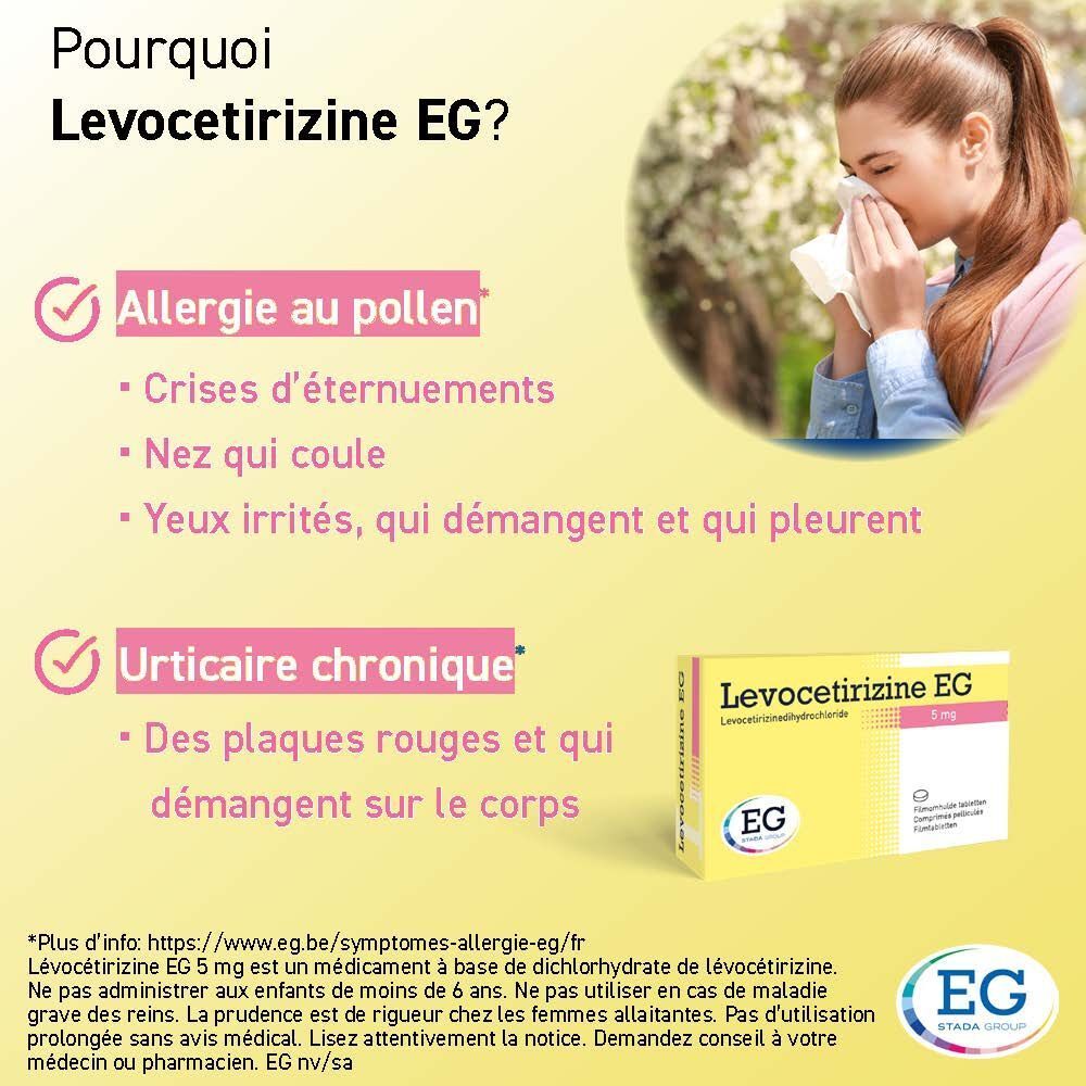 Femme avec mouchoir. Boîte "Levocetirizine EG 5 mg". Texte.
