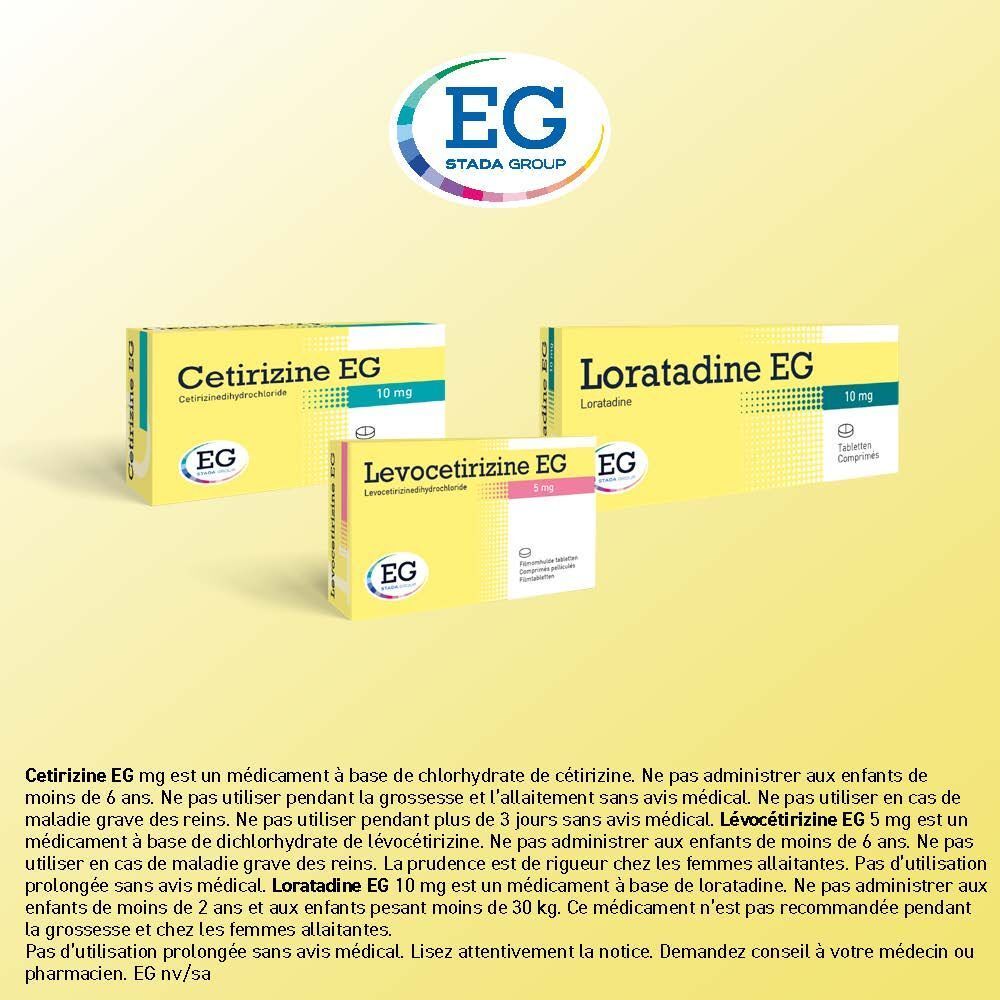 Boîte "Levocetirizine EG 5 mg". Texte, logo EG. Autres médicaments.