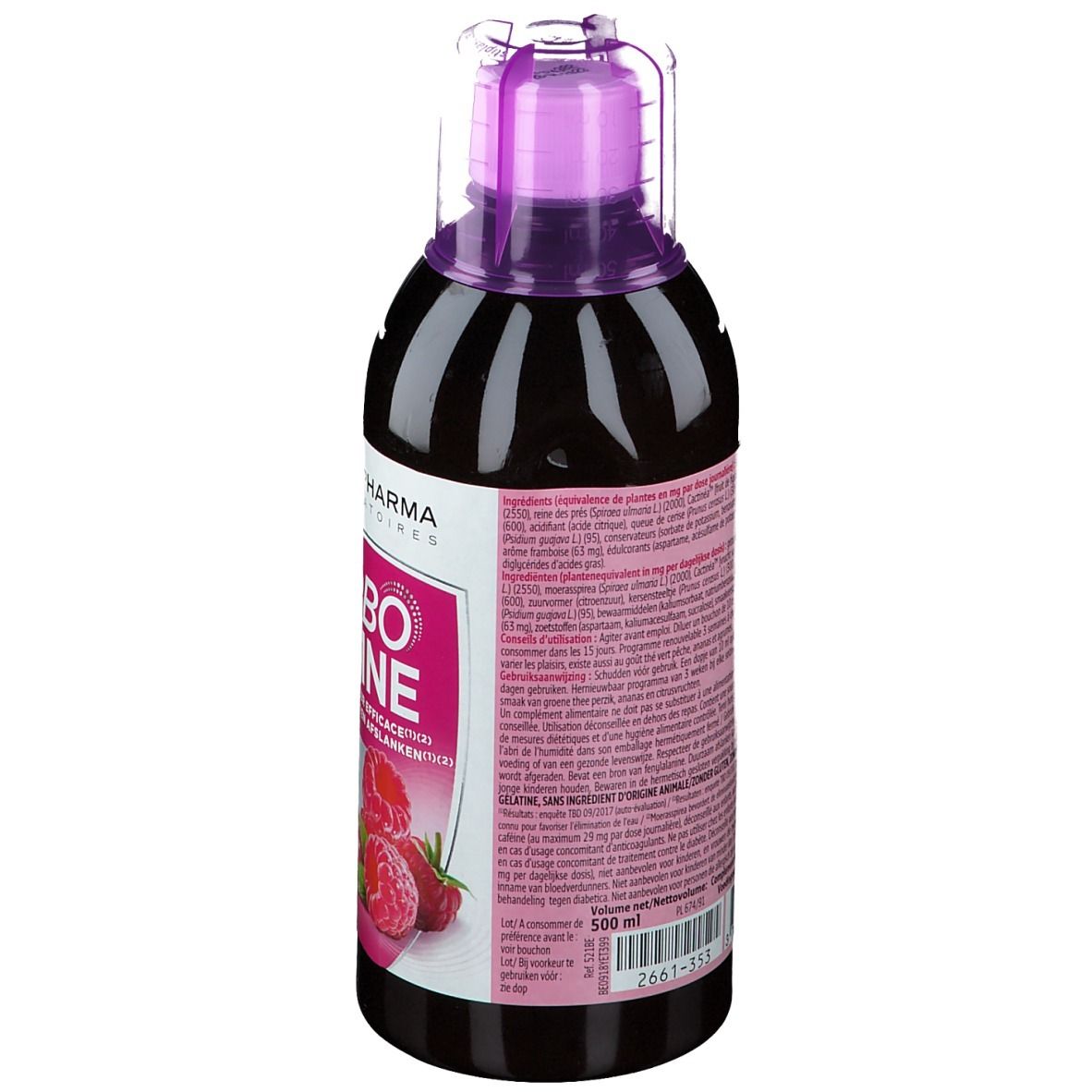 Dos d'une bouteille avec informations. Bouchon violet. Nom du produit non visible.