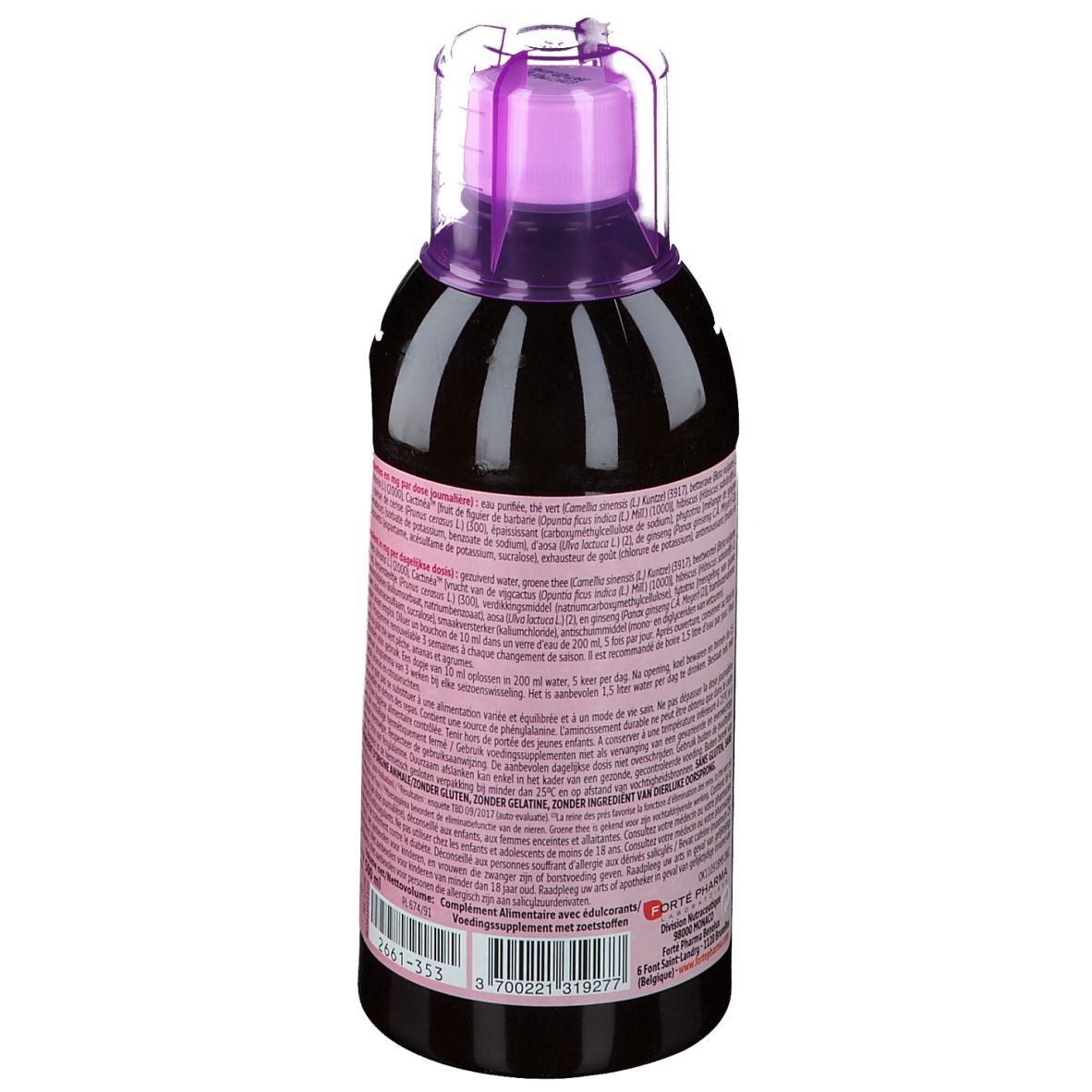 Dos d'une bouteille avec informations. Bouchon violet. Nom du produit non visible.