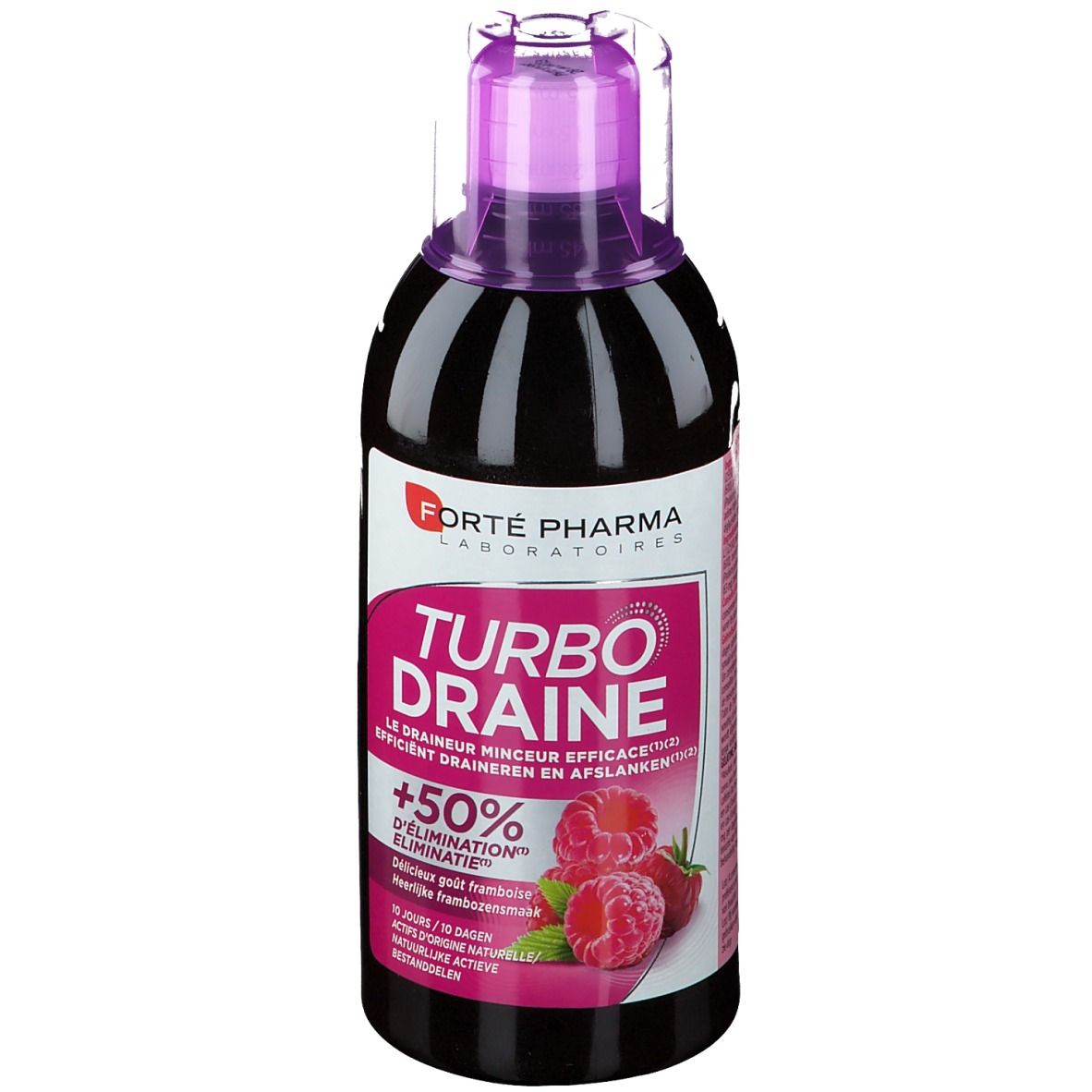 Bouteille de liquide avec bouchon violet. Inscription Turbo Draine et framboise.