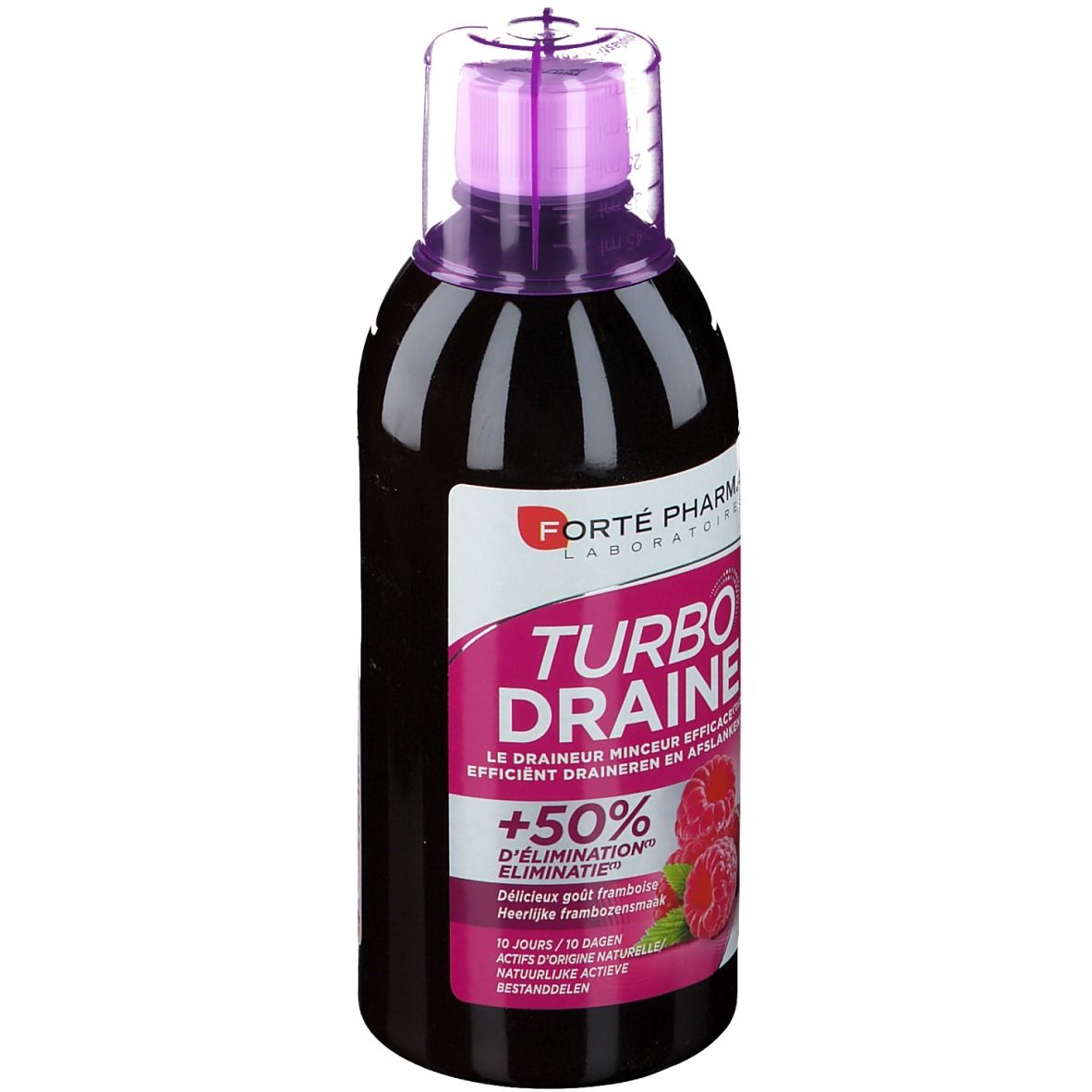 Bouteille de liquide avec bouchon violet. Inscription Turbo Draine et framboise.