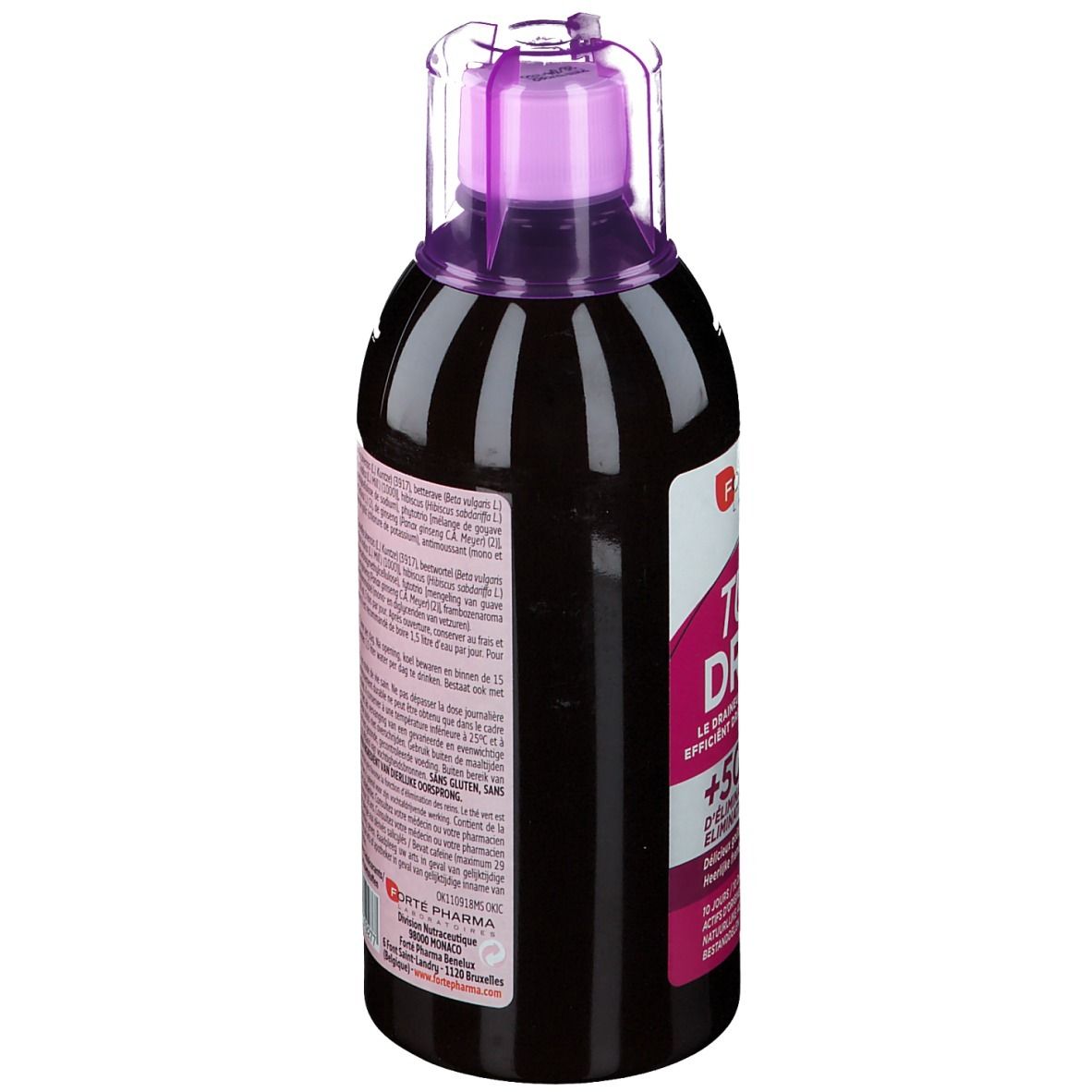 Dos d'une bouteille avec informations. Bouchon violet. Nom du produit non visible.