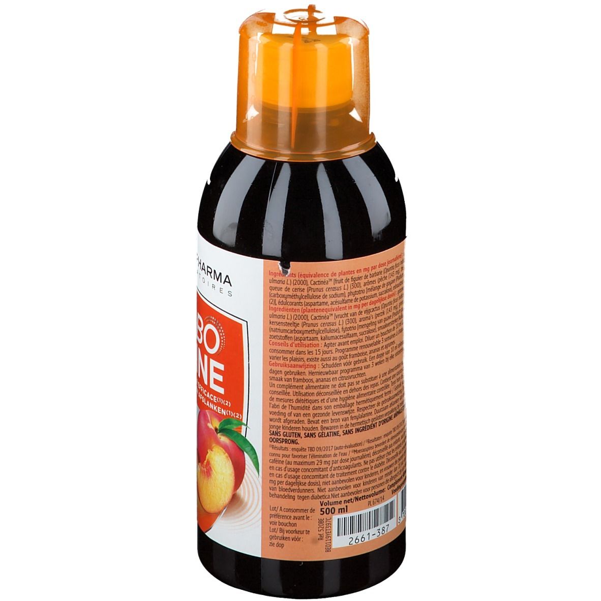 Vue arrière de la bouteille avec texte. Contient des informations sur le produit, les ingrédients et le fabricant.