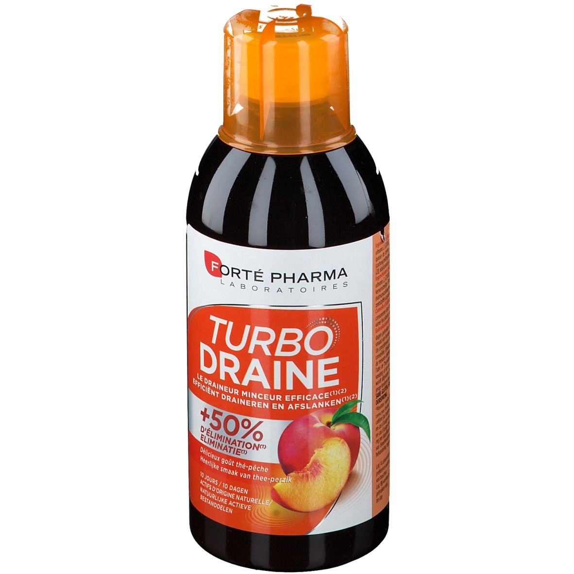 Complément alimentaire liquide en bouteille. Bouchon orange, étiquette avec nom du produit et illustration de pêche.