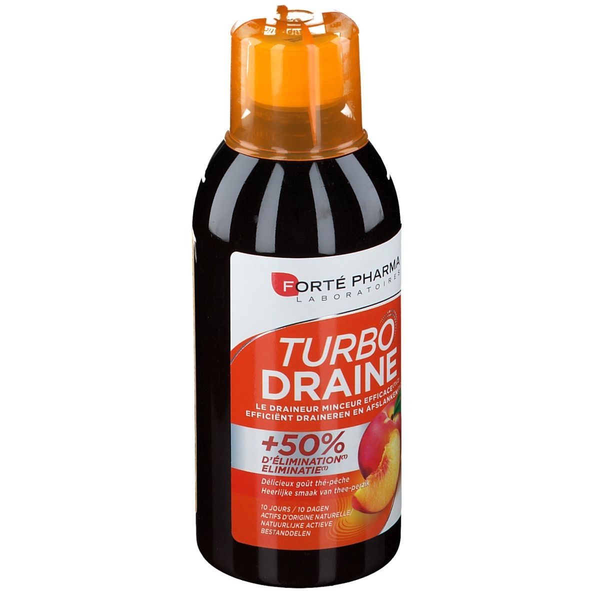 Complément alimentaire liquide en bouteille. Bouchon orange, étiquette avec nom du produit et illustration de pêche.