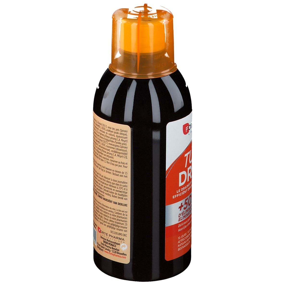 Vue arrière de la bouteille avec texte. Contient des informations sur le produit, les ingrédients et le fabricant.