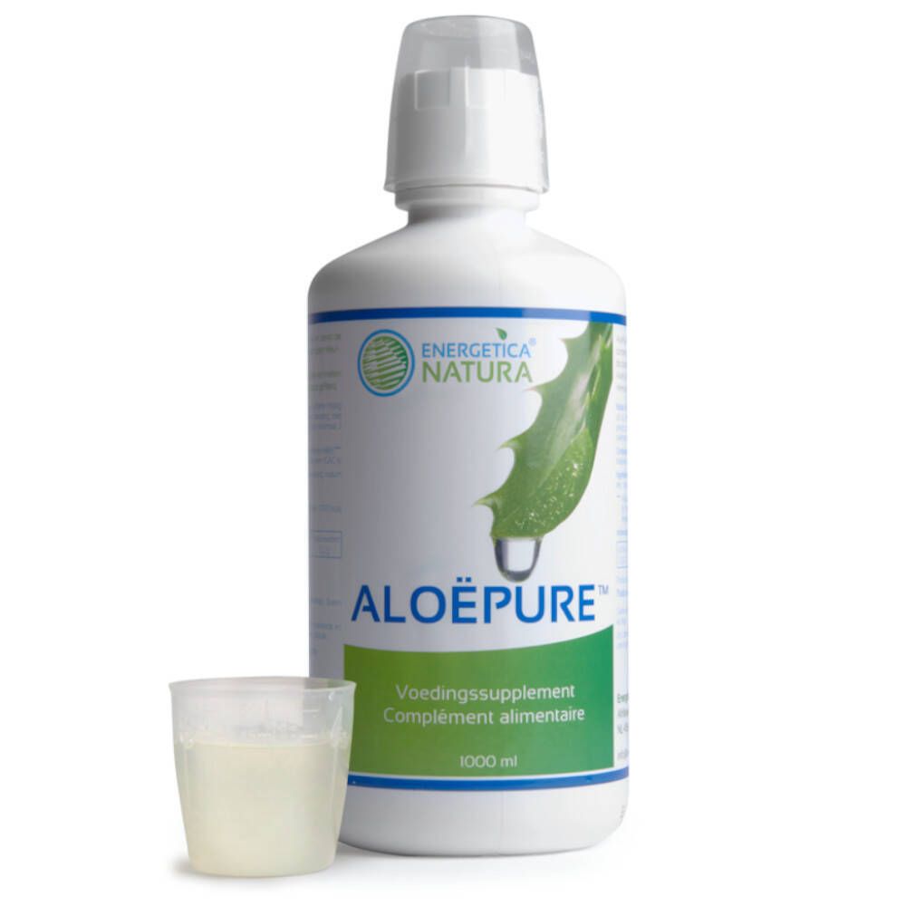 Weiße Flasche ALOËPURE™ und ein Messbecher mit Flüssigkeit. Aufschrift: Voedingssupplement, Complément alimentaire. 1000 ml.
